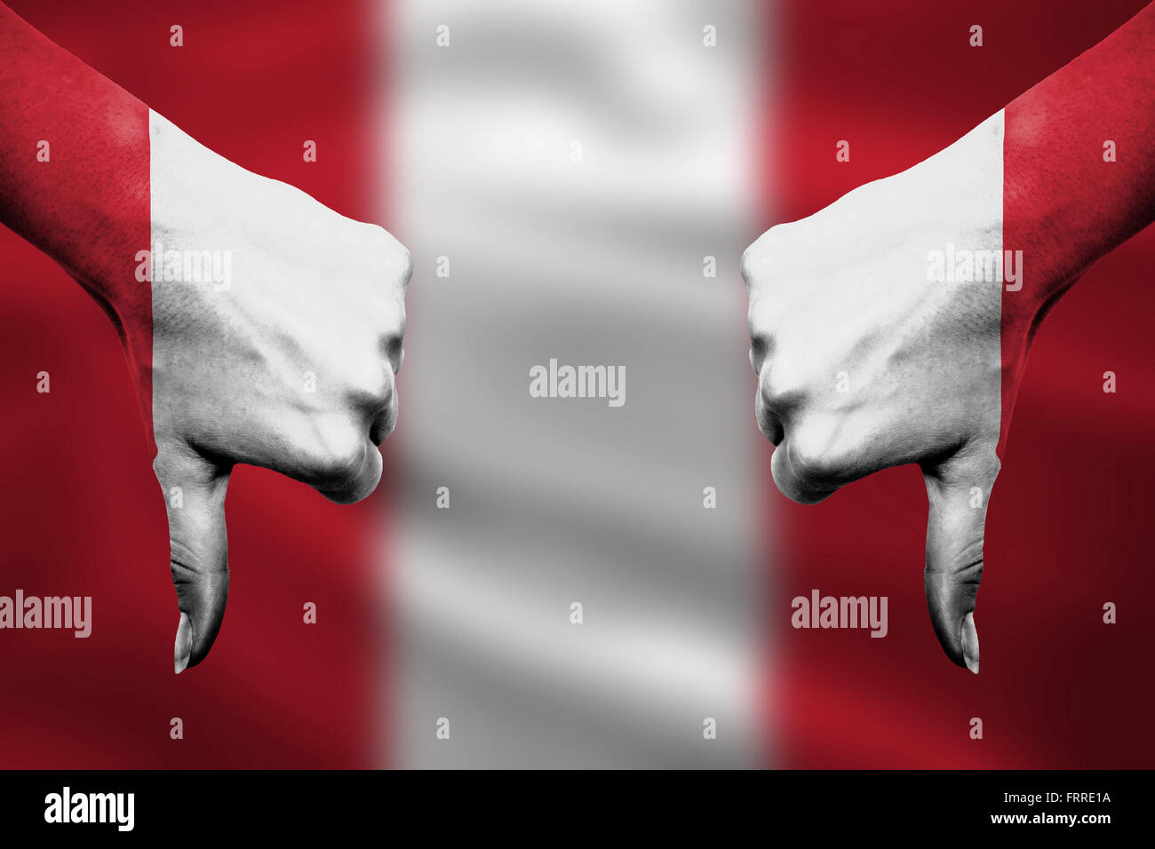 failure of Peru - hands gesturing thumbs down in front of flag Stock ...