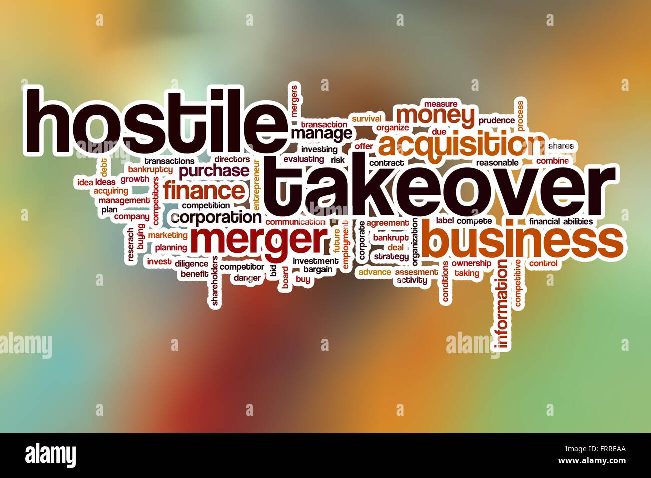 Hostile takeover word cloud concept with abstract background Stock Photo