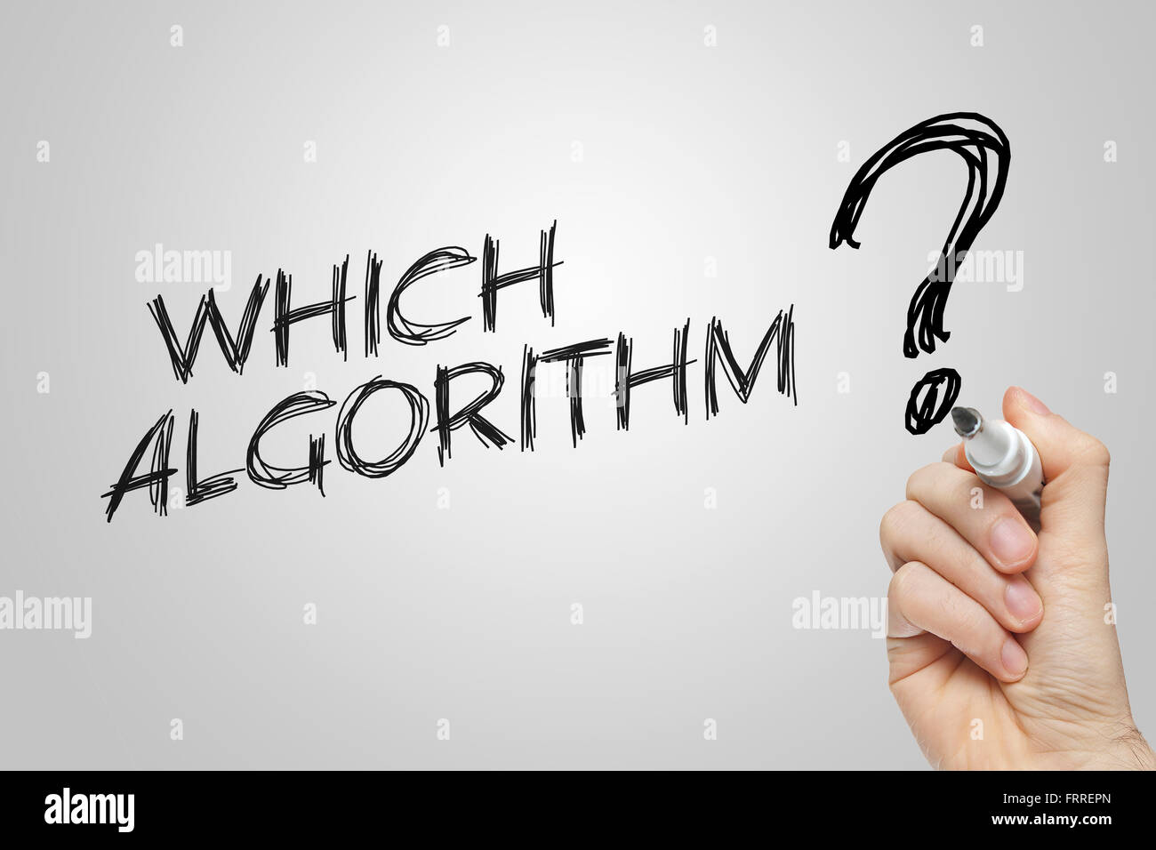 Hand writing which algorithm on grey background Stock Photo - Alamy