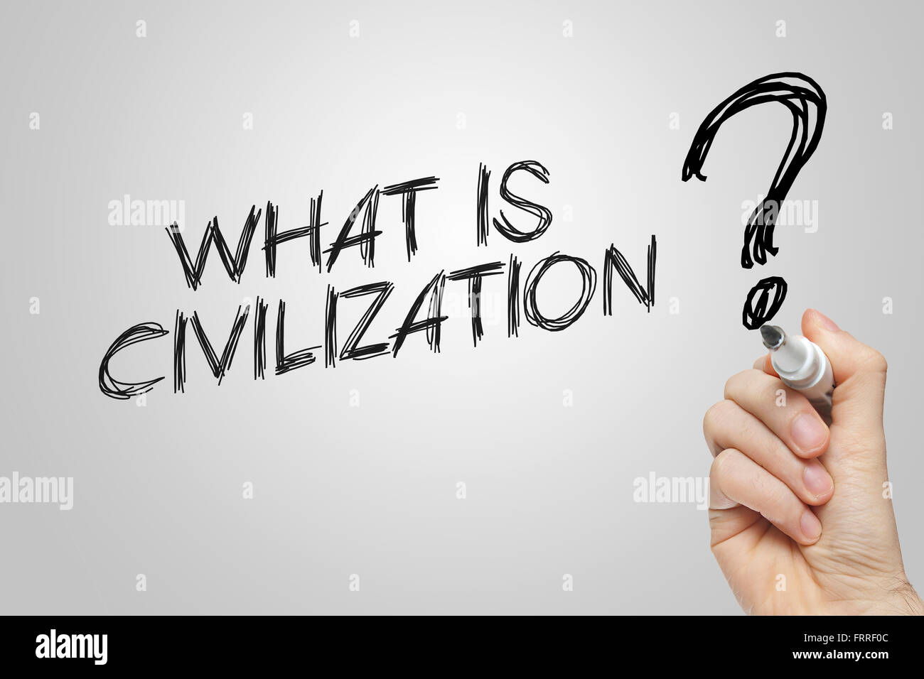 Hand writing what is civilization on grey background Stock Photo
