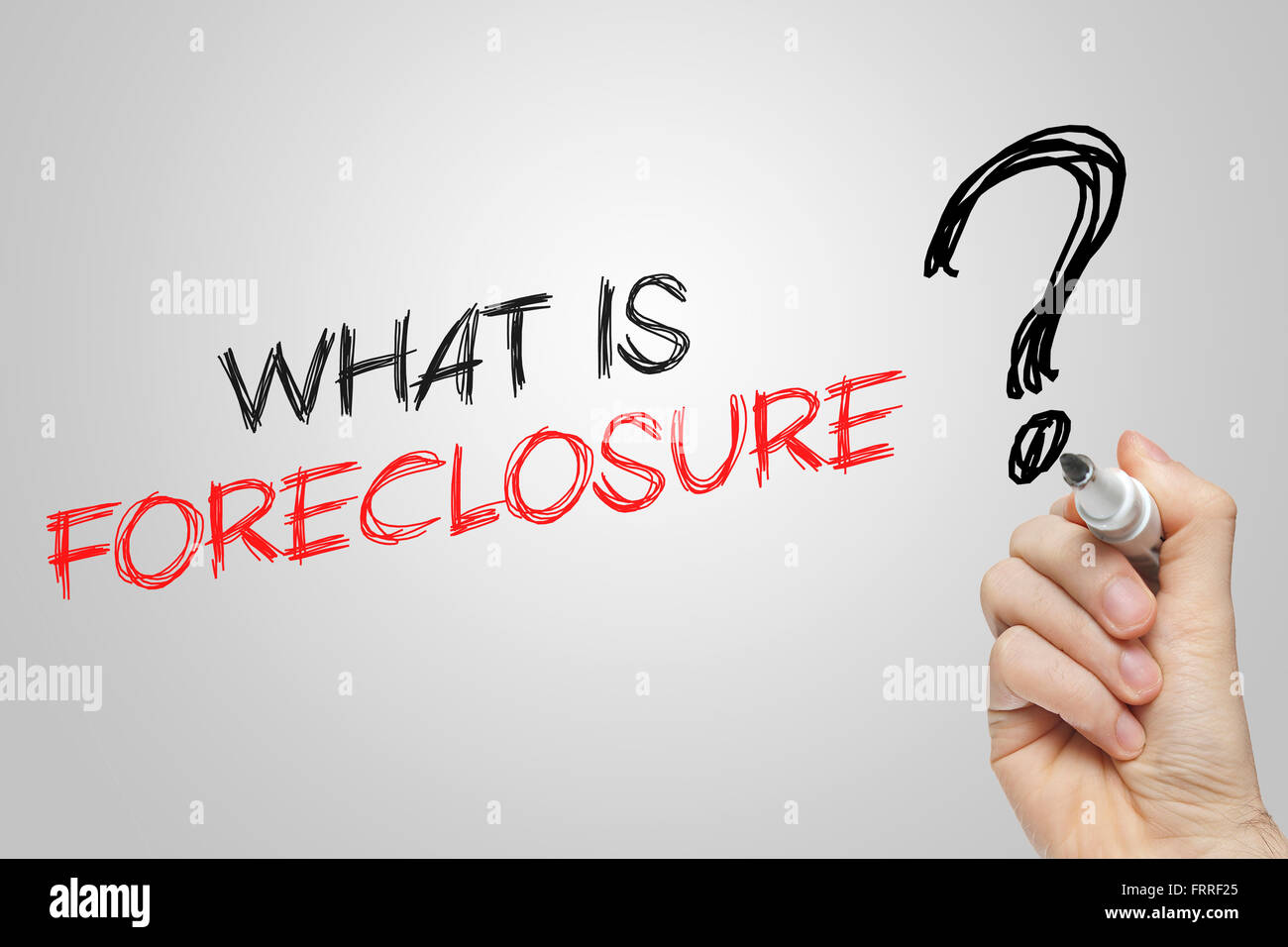 Hand writing what is foreclosure on grey background Stock Photo
