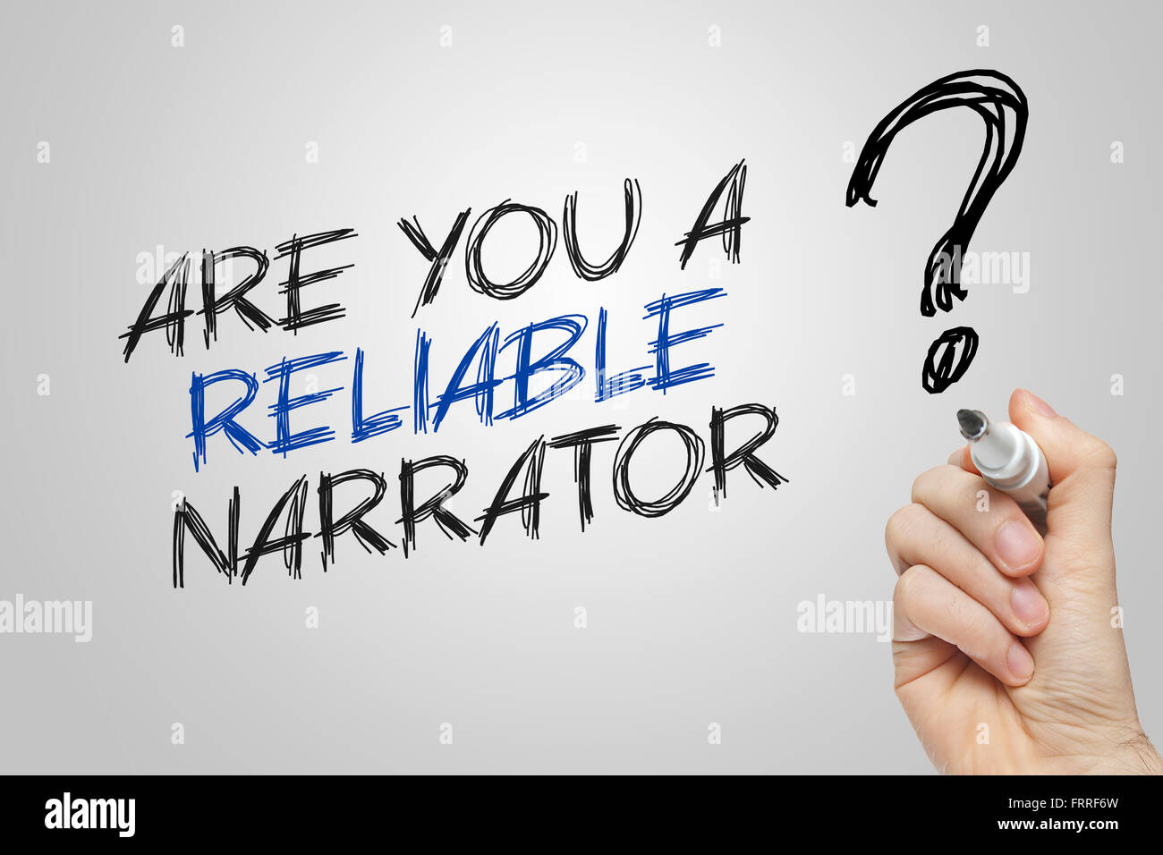 Hand writing are you a reliable narrator on grey background Stock Photo