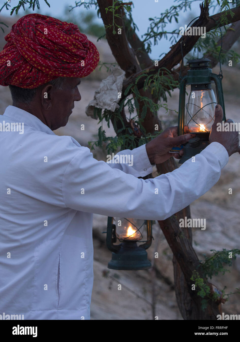 Man in turban hanging oil lamp on tree in  Chhatrasagar, Rajasthan, India Stock Photo