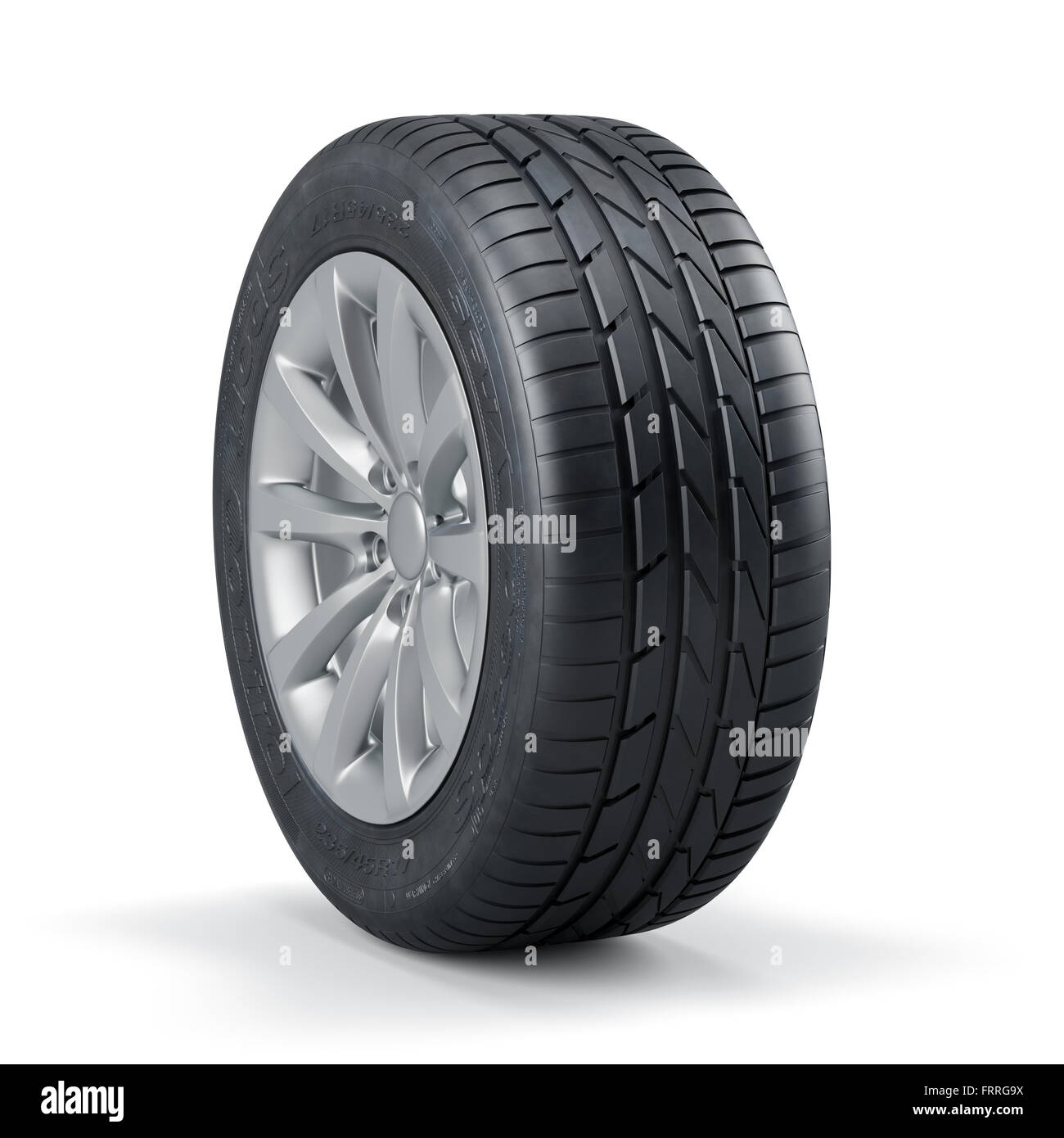 3d rendering of a single new unused car tire with rim isolated on white background Stock Photo