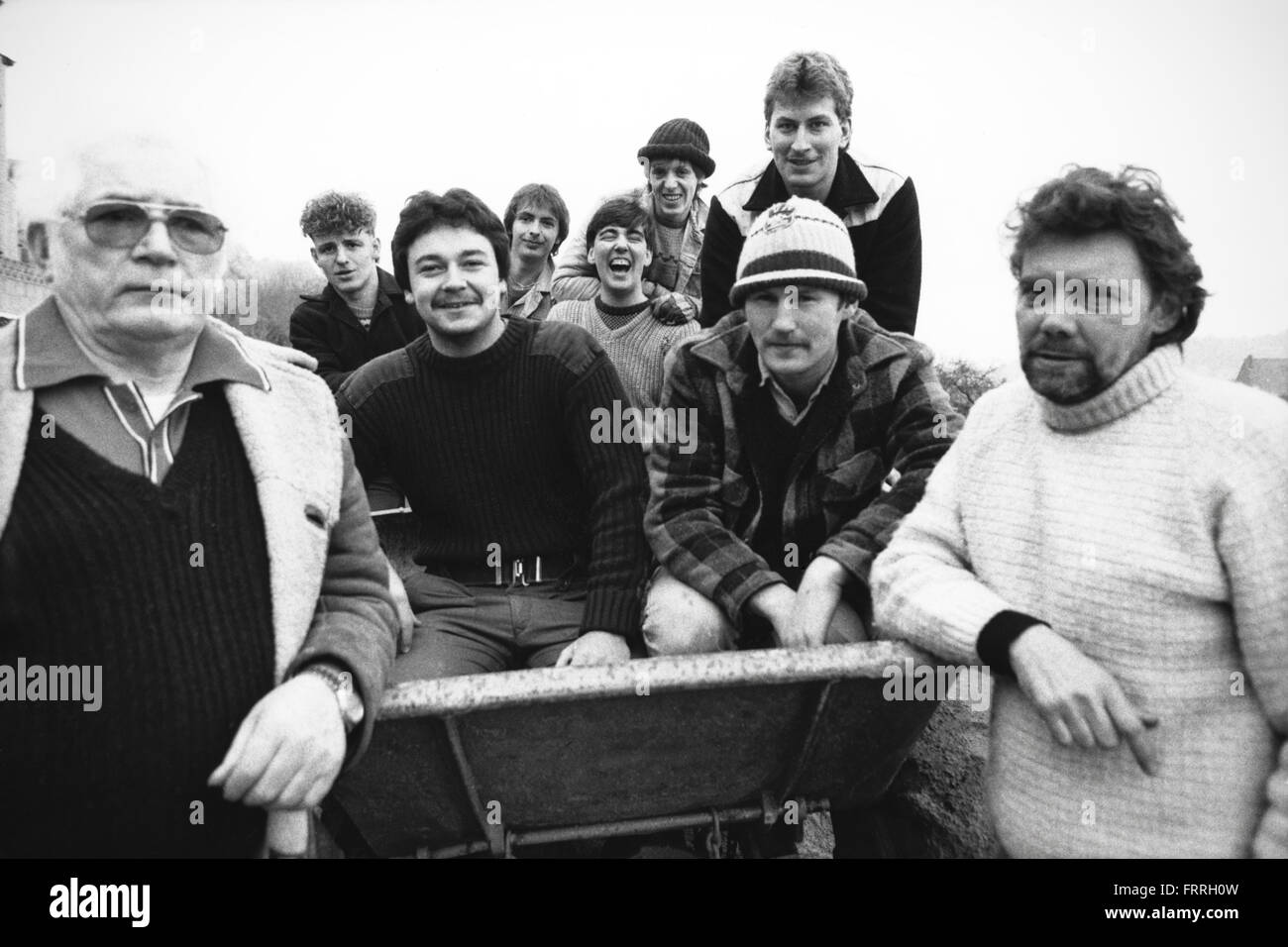 Group of unemployed men on Manpower Services Commission training scheme in Newport South Wales 1980s Stock Photo