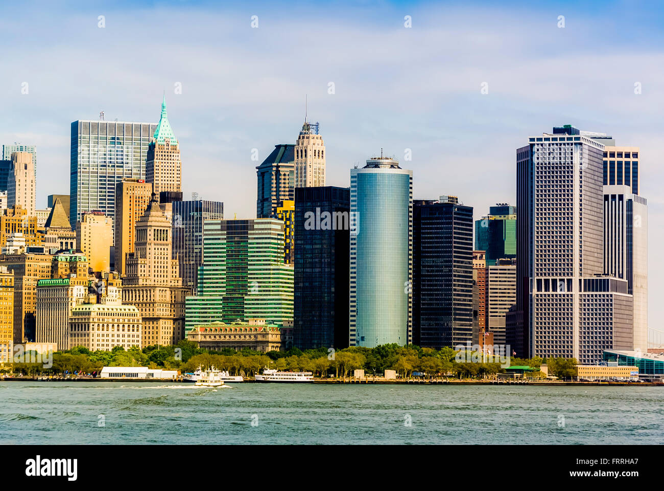 Battery Park, Lower Manhattan, New York city, USA, viewed from Upper Bay harbor Stock Photo