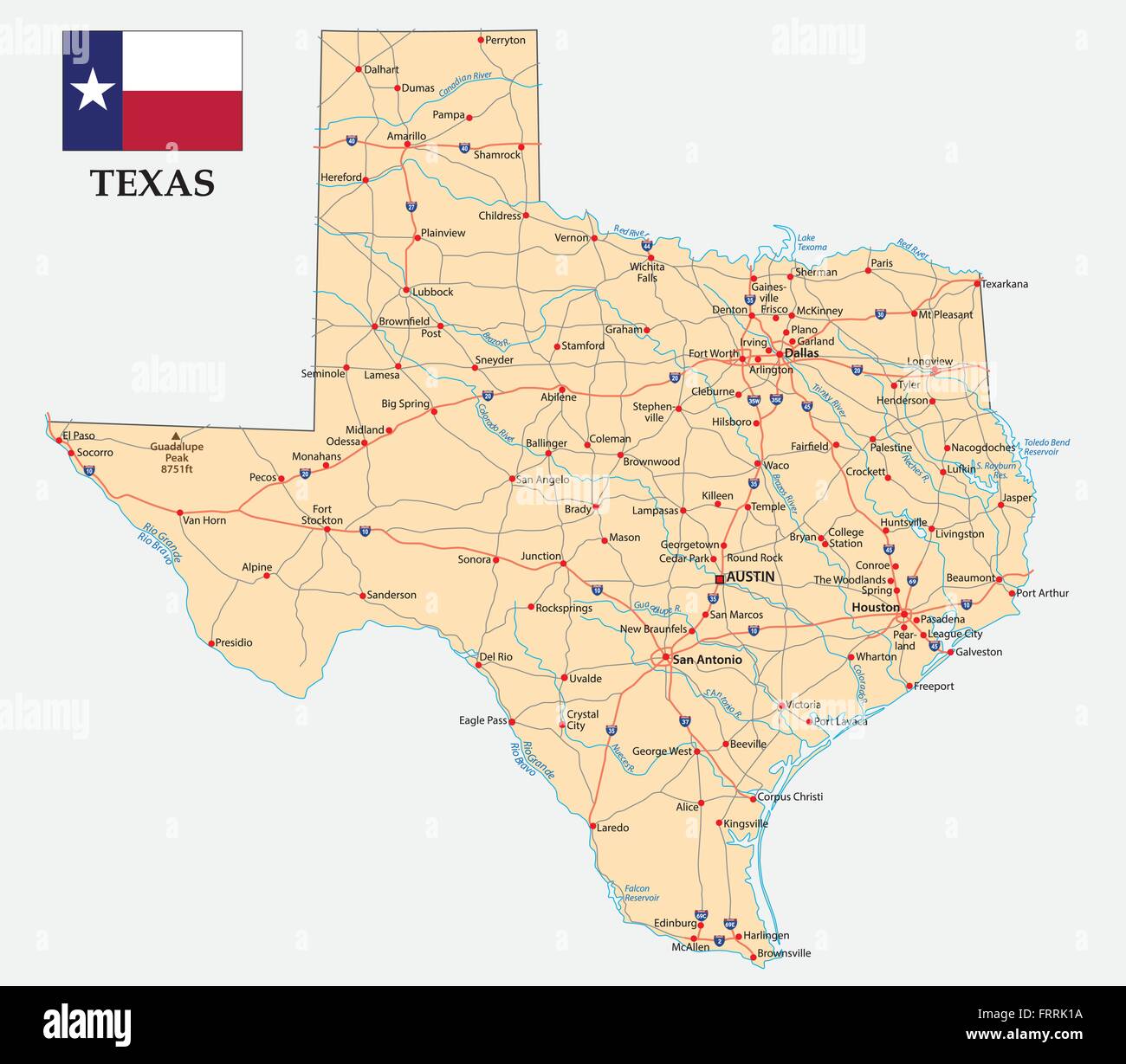 road map of the US American Federal State Texas with flag Stock Vector