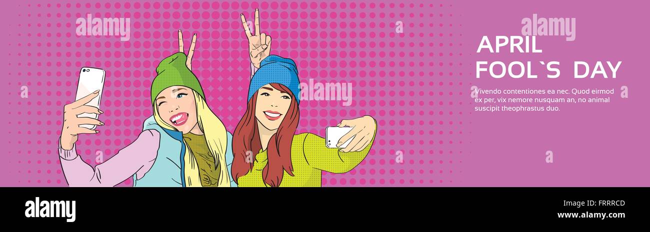 Two Girls Taking Selfie Cell Smart Phone, April Fool Day Holiday Banner, Pop Art Stock Vector
