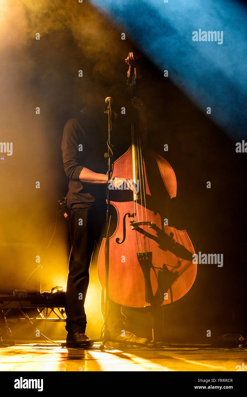 Man hidden in shadow playing a double bass surrounded by coloured theatrical smoke Stock Photo