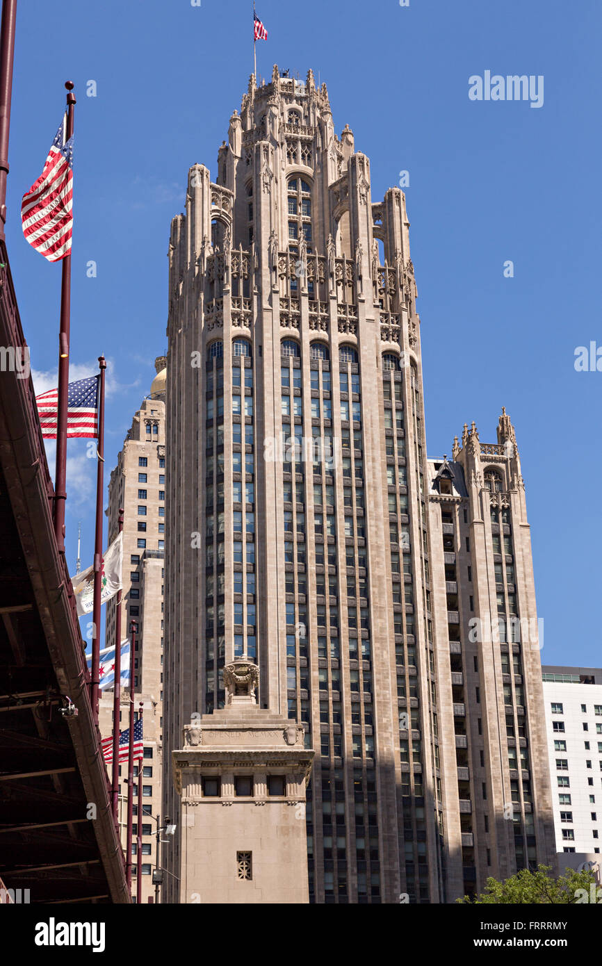 Tribune Tower and DuSable Bridge on a summers day in Chicago, Illinois, USA Stock Photo