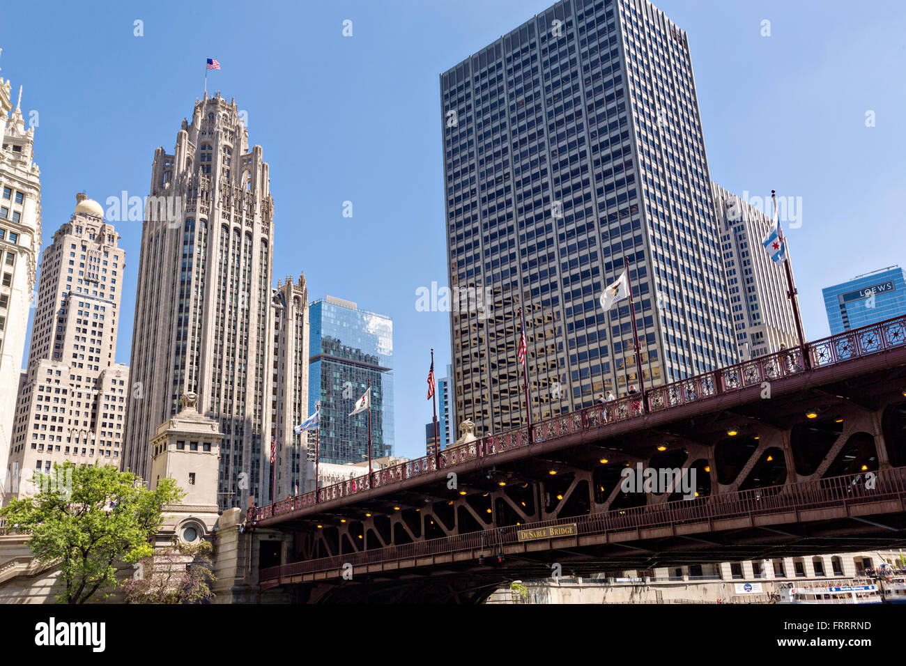Tribune Tower and the DuSable Bridge viewed from Riverwalk on a summers day in Chicago, Illinois, USA Stock Photo