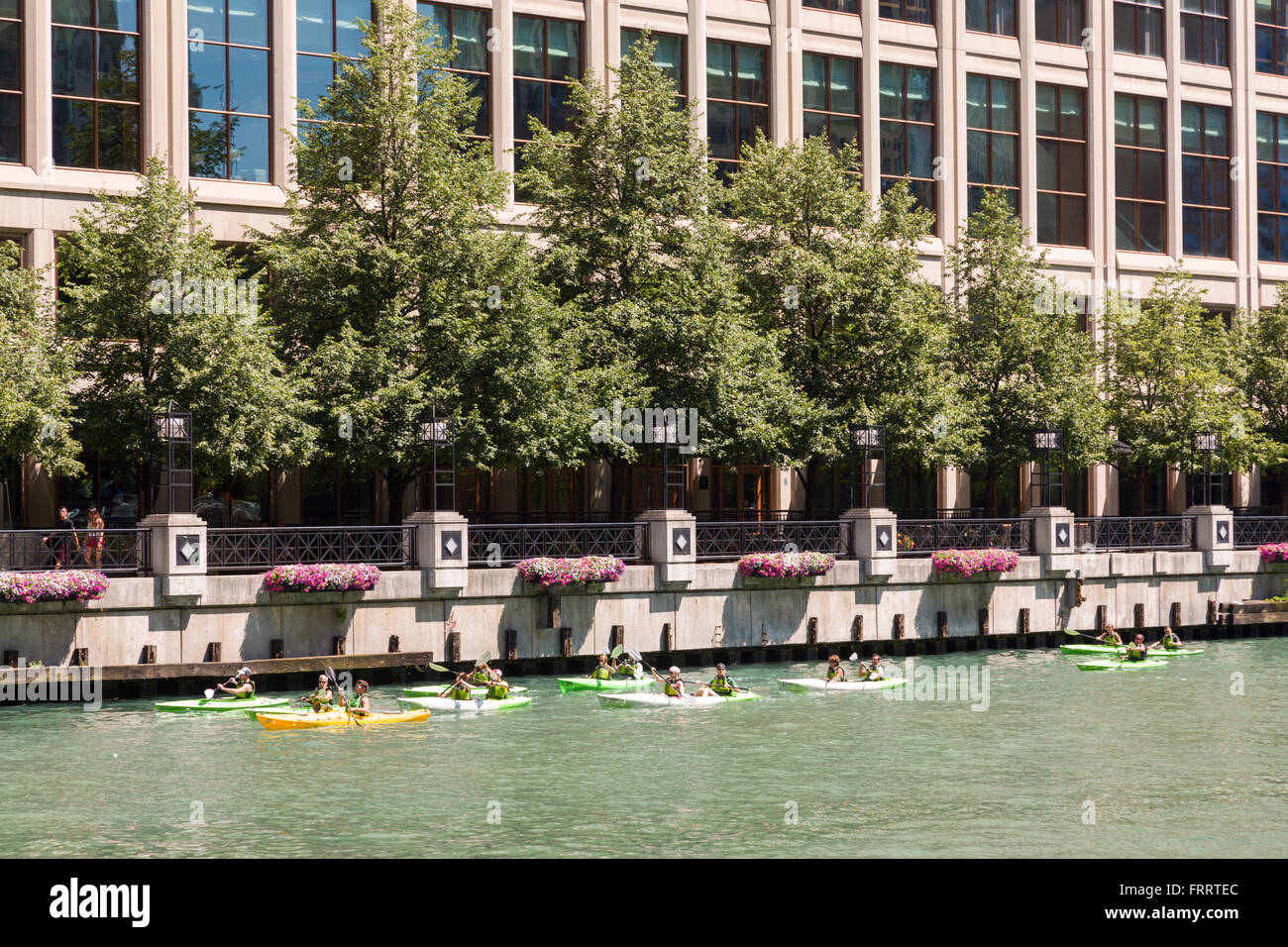 Kayakers on the Chicago River viewed from Riverwalk on a summers day in Chicago, Illinois, USA Stock Photo