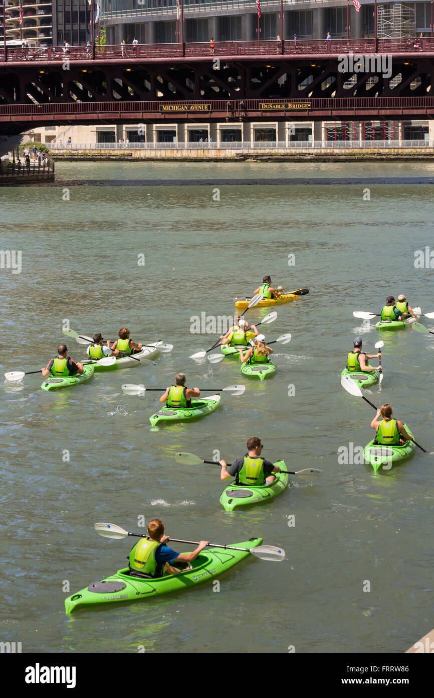 Kayakers on the Chicago River with the DuSable Bridge on a summers day in Chicago, Illinois, USA Stock Photo