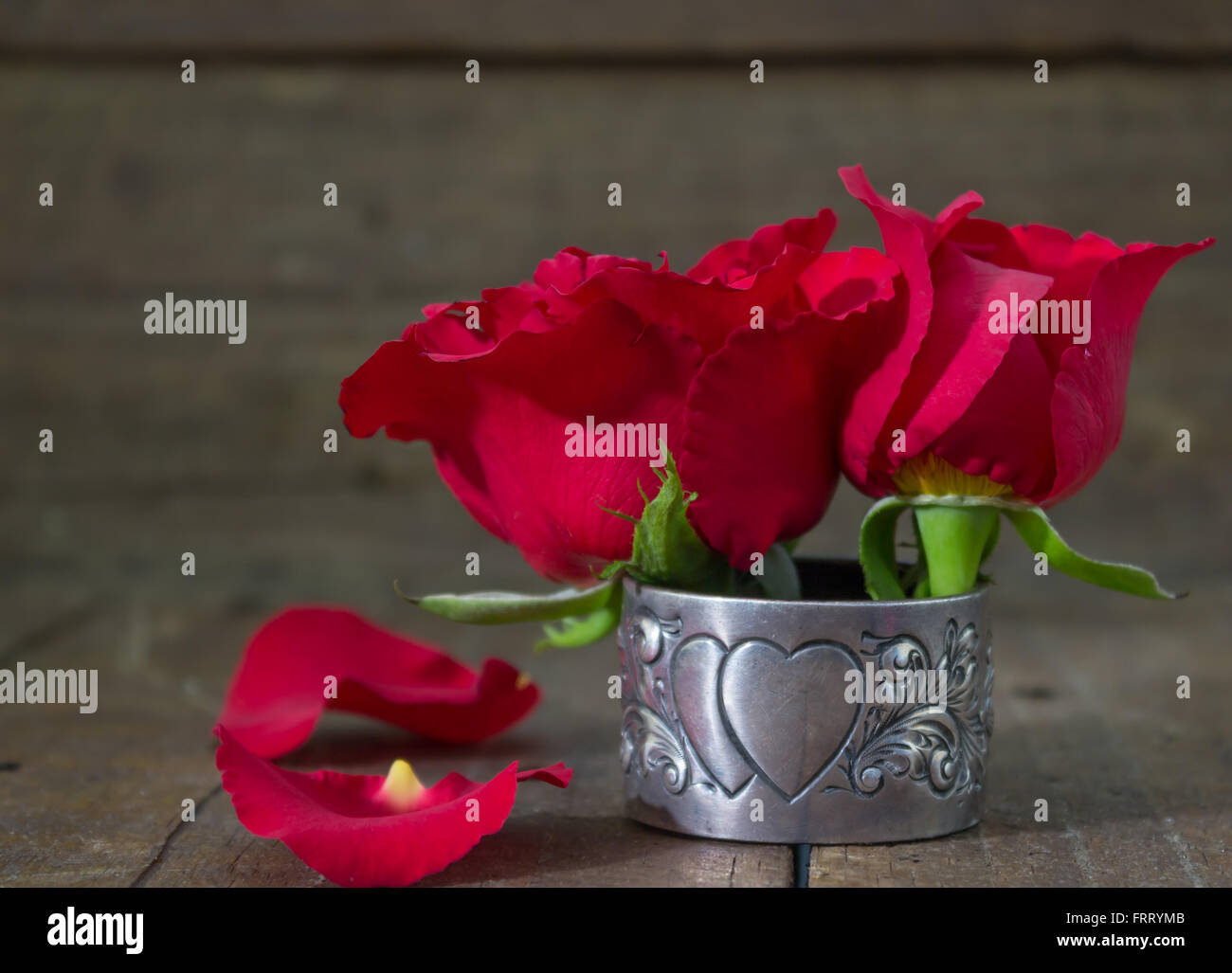 Narrow depth of field shot of red roses on rustic wood inside antique silver heart serviette holder Stock Photo