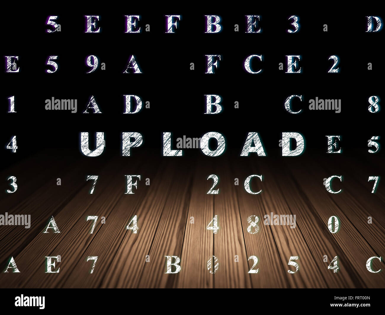 Web development concept: Glowing text Upload in grunge dark room with ...