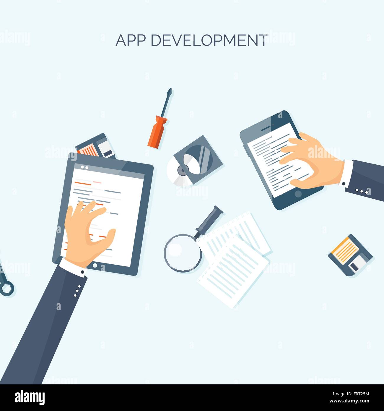 Vector illustration. Flat header. Programming, coding online. Web courses. Internet, web design. App development. Stock Vector