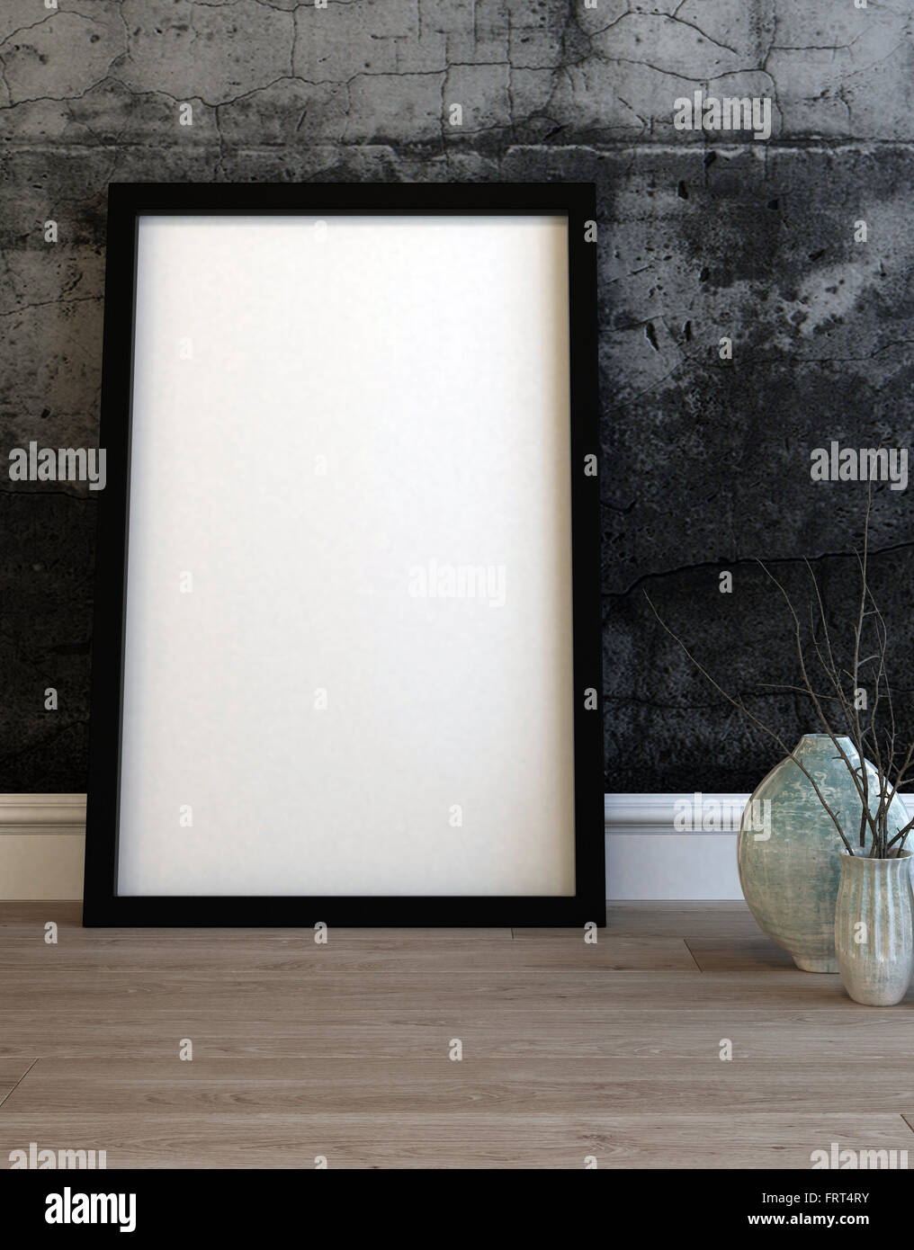 Large Empty Black Picture Frame Leaning On A Modern Grey Textured