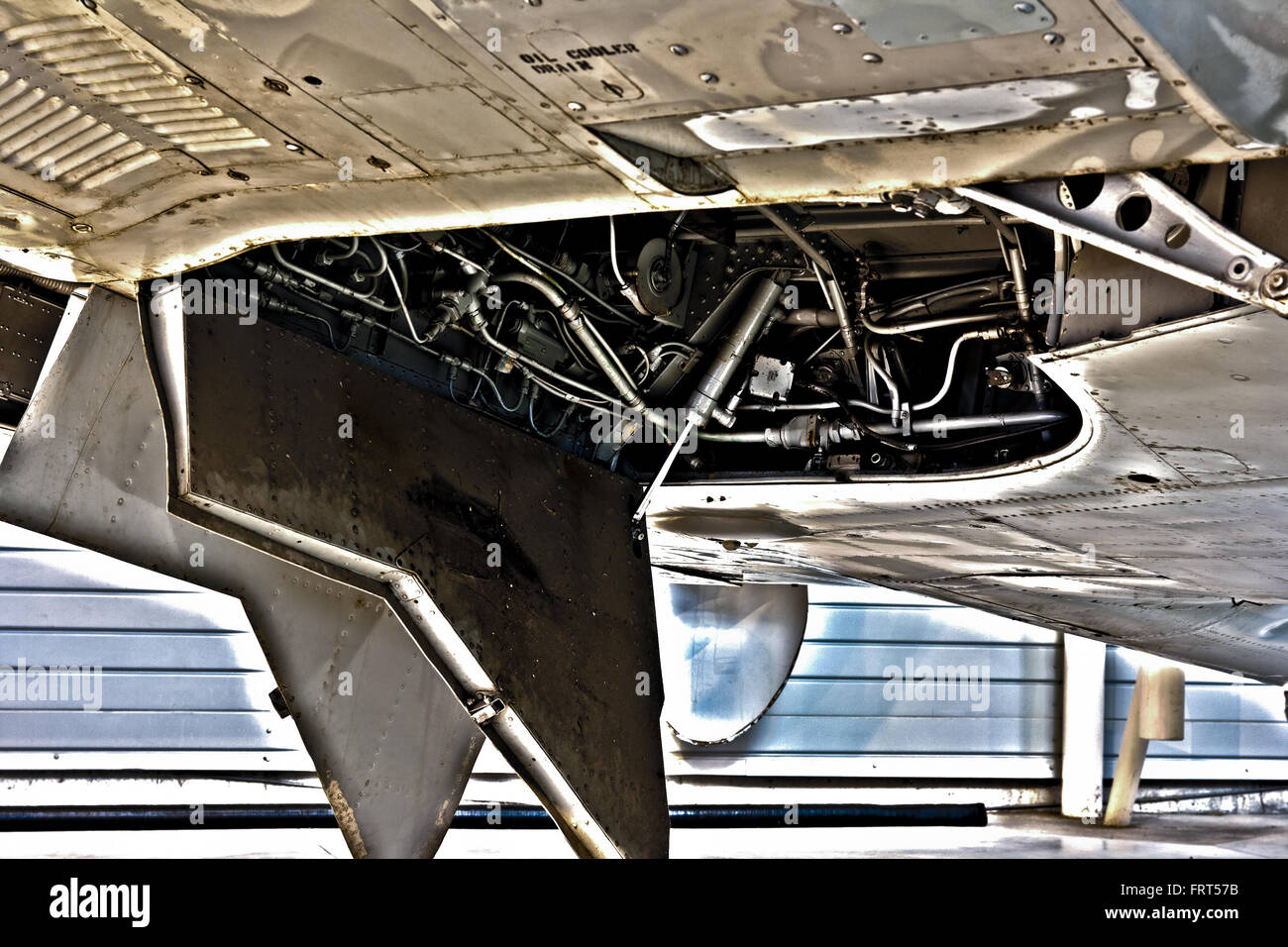 Detailed image of the landing gear bay of a fighter jet. Stock Photo