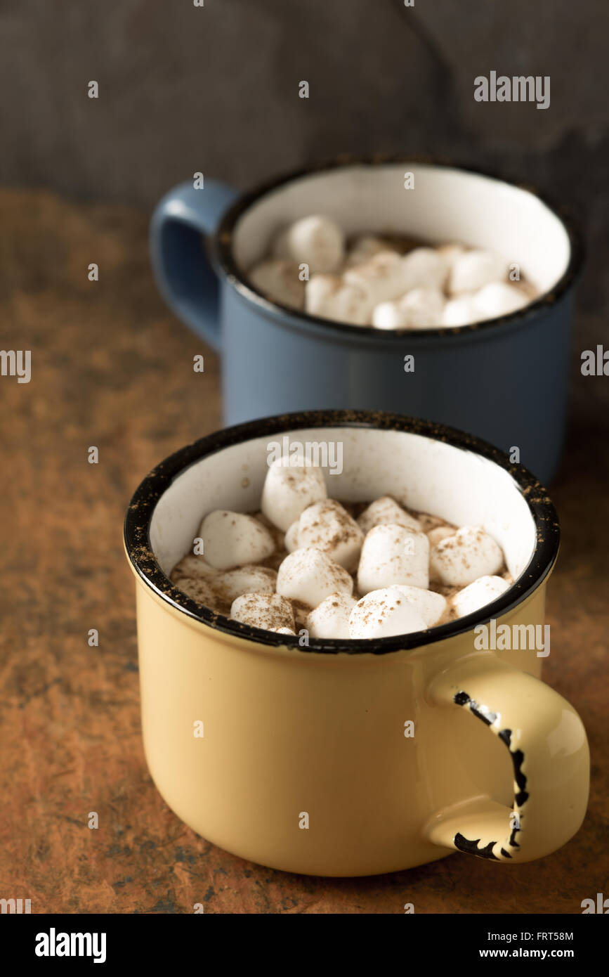 Cups of cocoa with marshmallows vertical Stock Photo