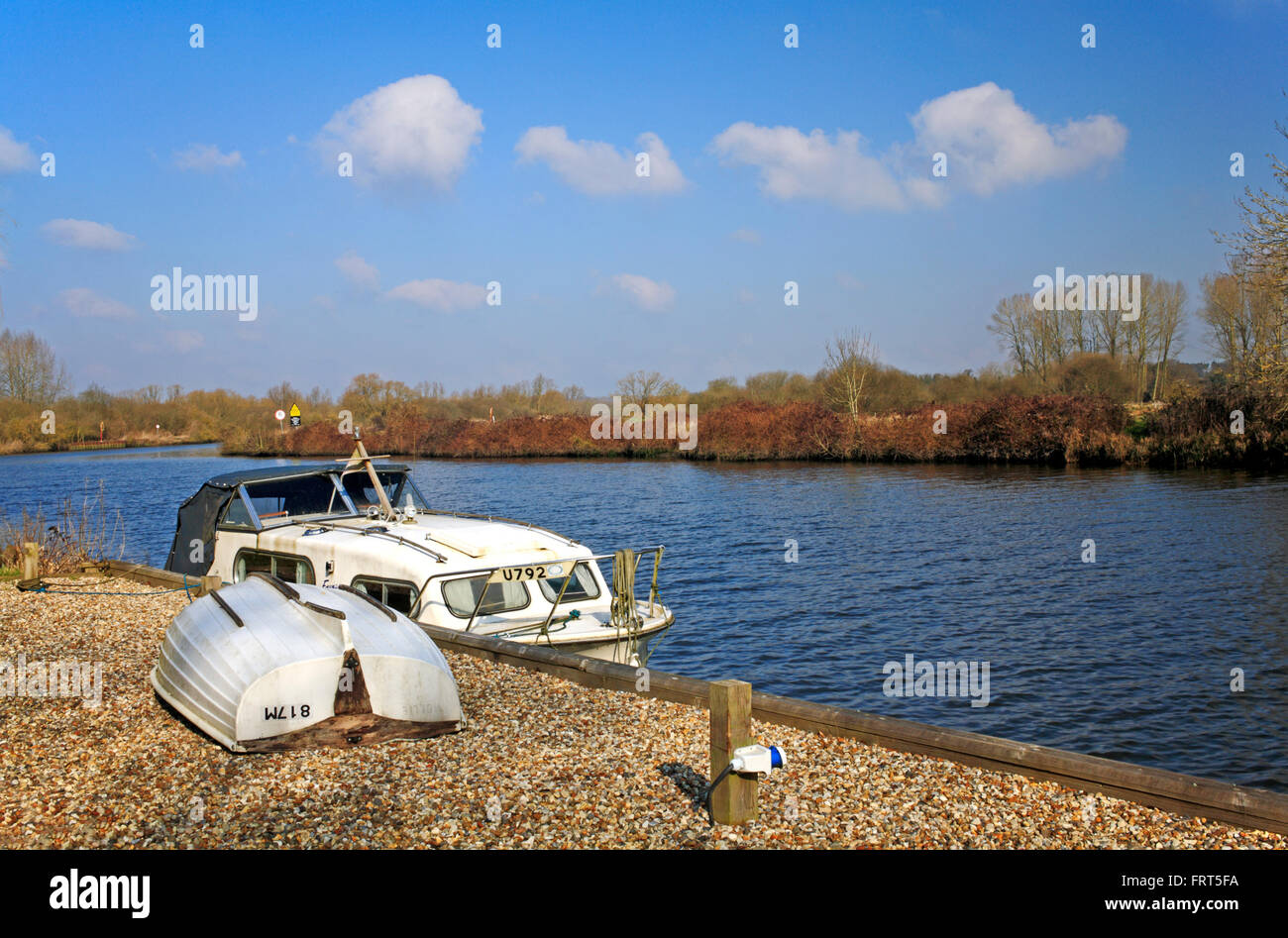 Moorings on the River Yare on the Norfolk Broads at Bramerton, near Norwich, Norfolk, England