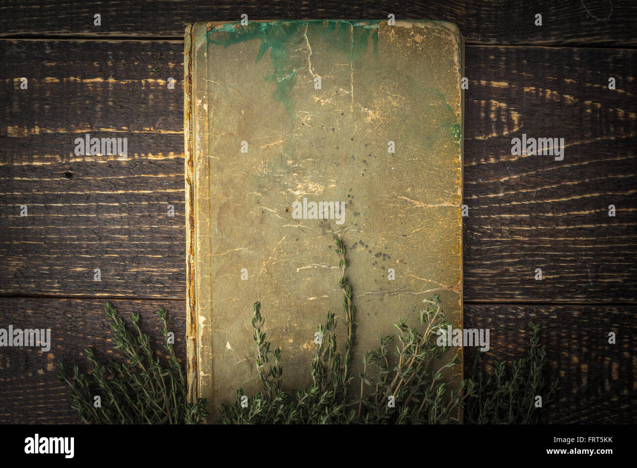 Old book with thyme on the wooden table top view Stock Photo