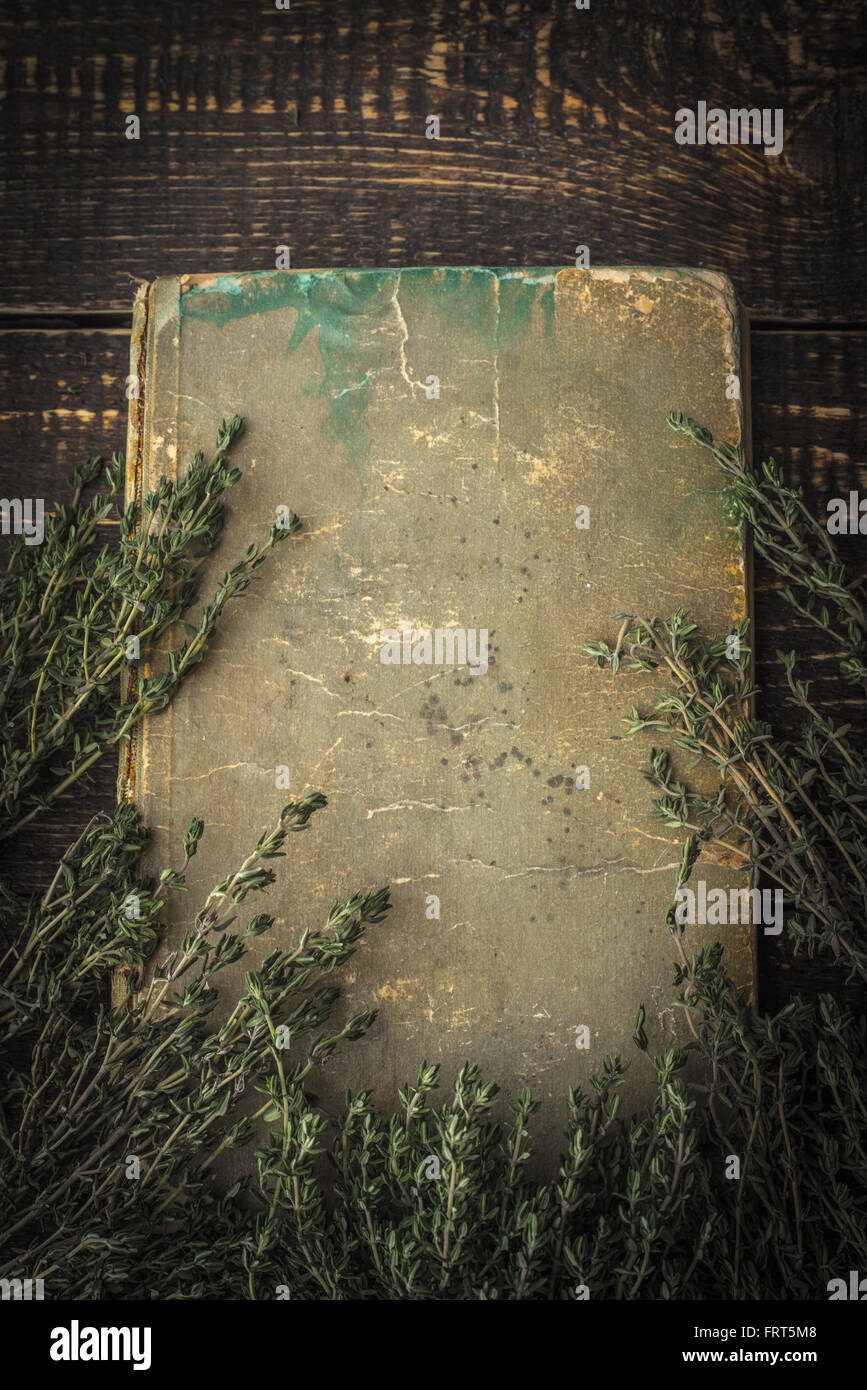 Old book with thyme on the wooden table vertical Stock Photo