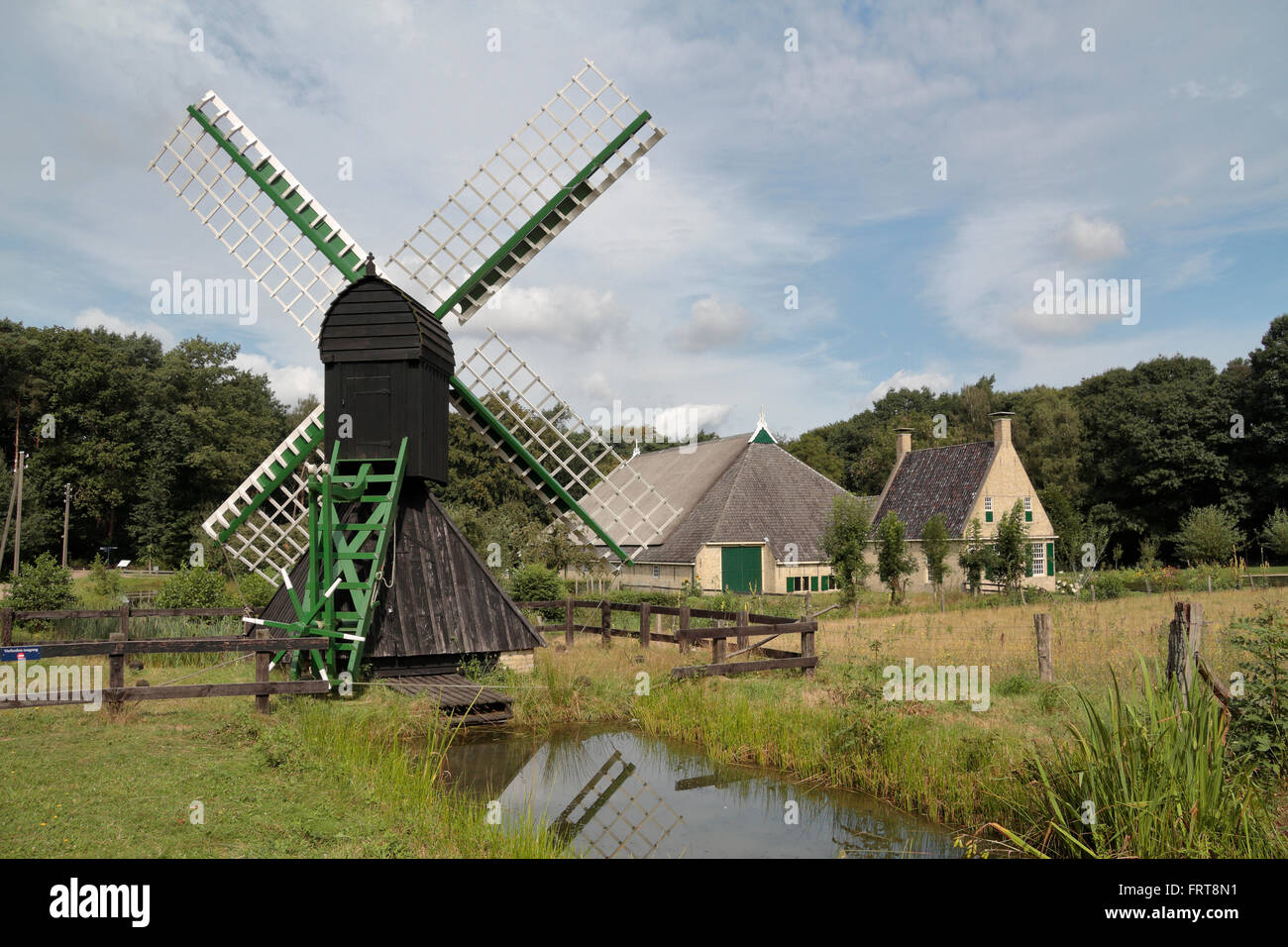 A wind-driven drainage mill from Gorredijk in the Netherlands Open Air Museum (Nederlands Openluchtmuseum), Arnhem, Netherlands. Stock Photo