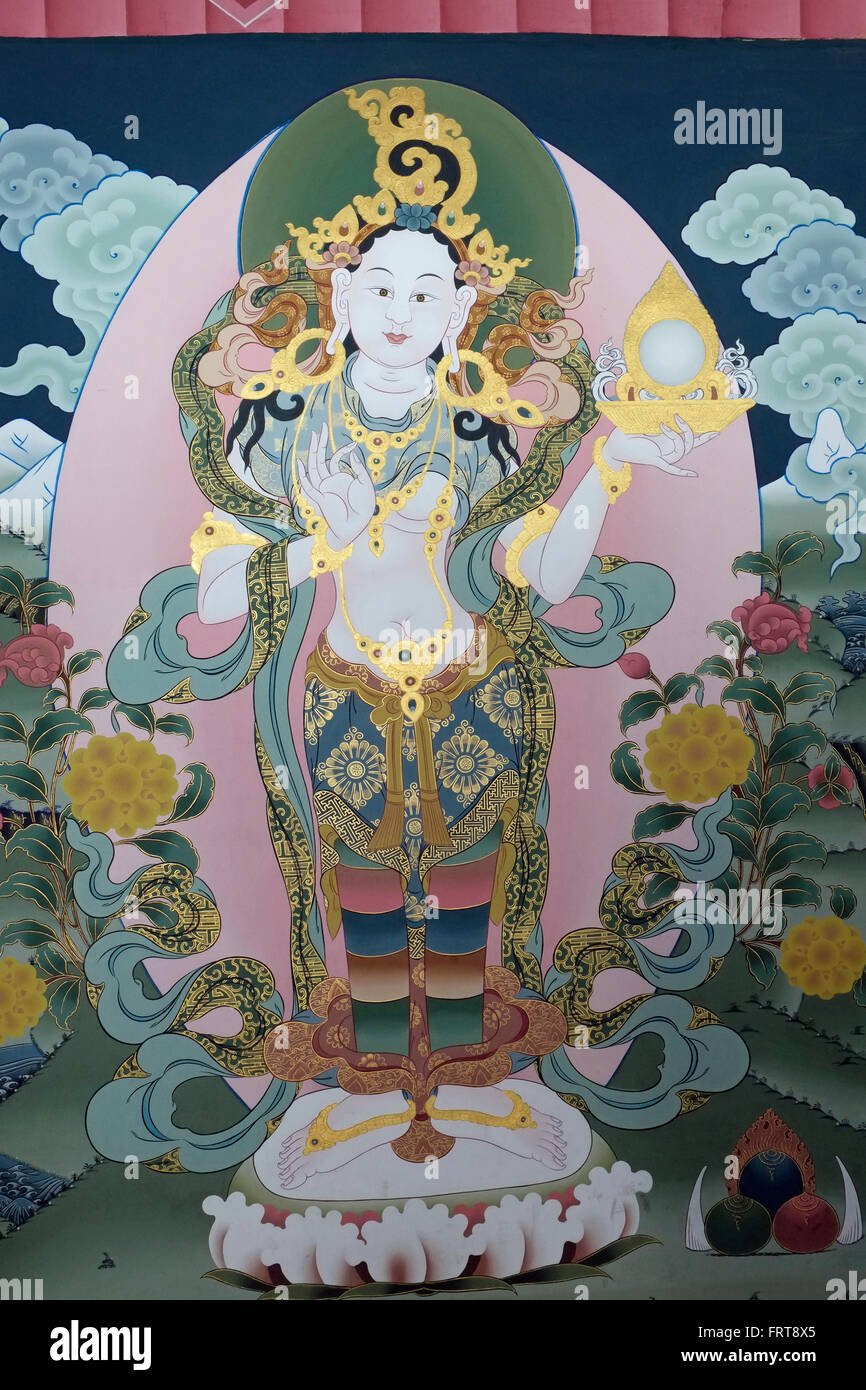 A Buddhist mural in the Tashichho Dzong, Thimphu, Bhutan. Stock Photo