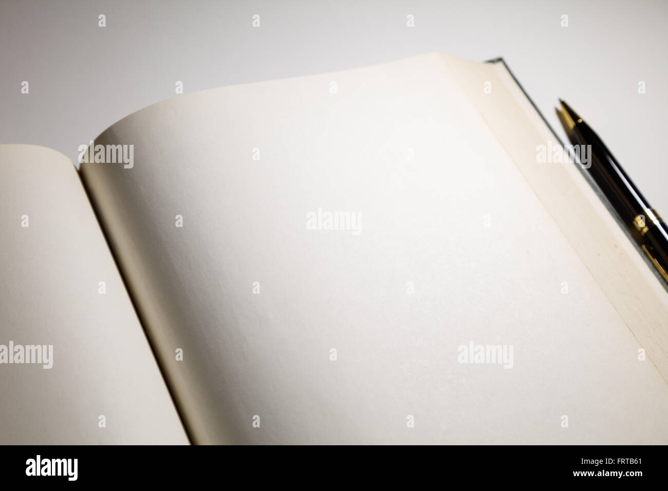 Blank pages in an open book with a pen Stock Photo