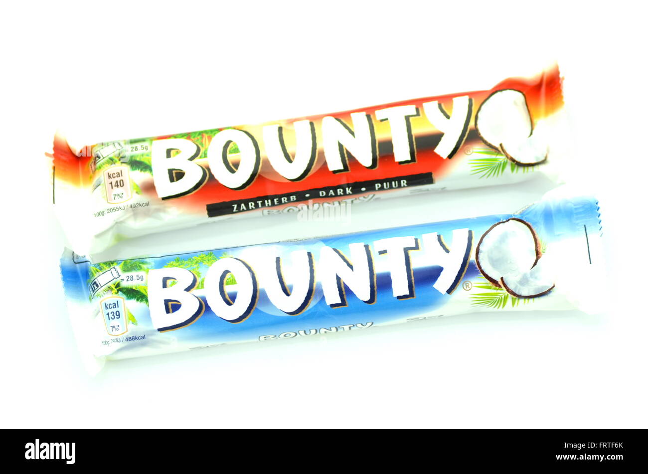 Bounty coconut chocolate bar isolated on white background Stock Photo