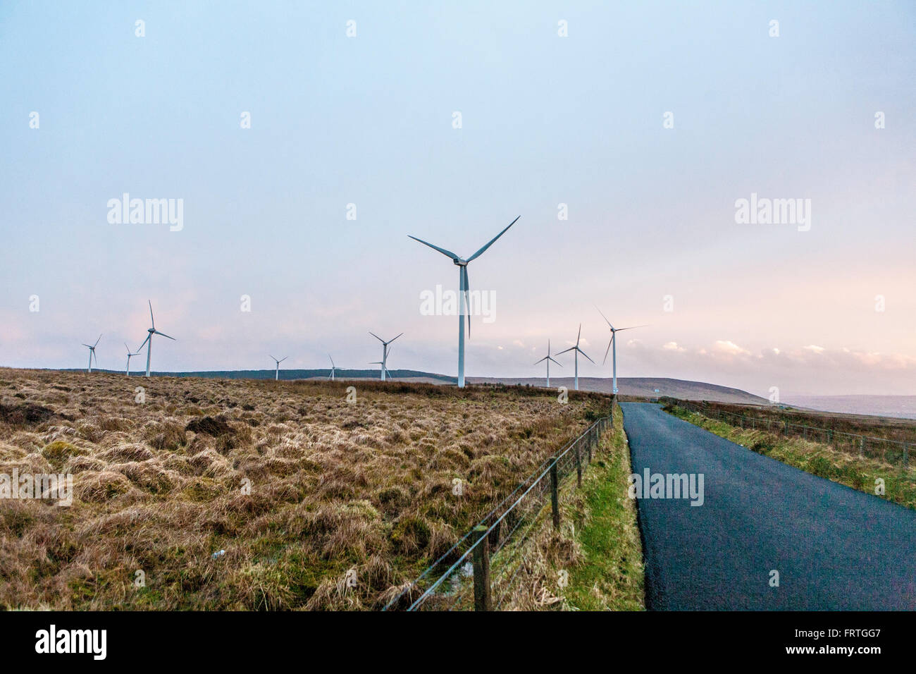 Images from the Dunbeg Wind Farm at sunset. Stock Photo