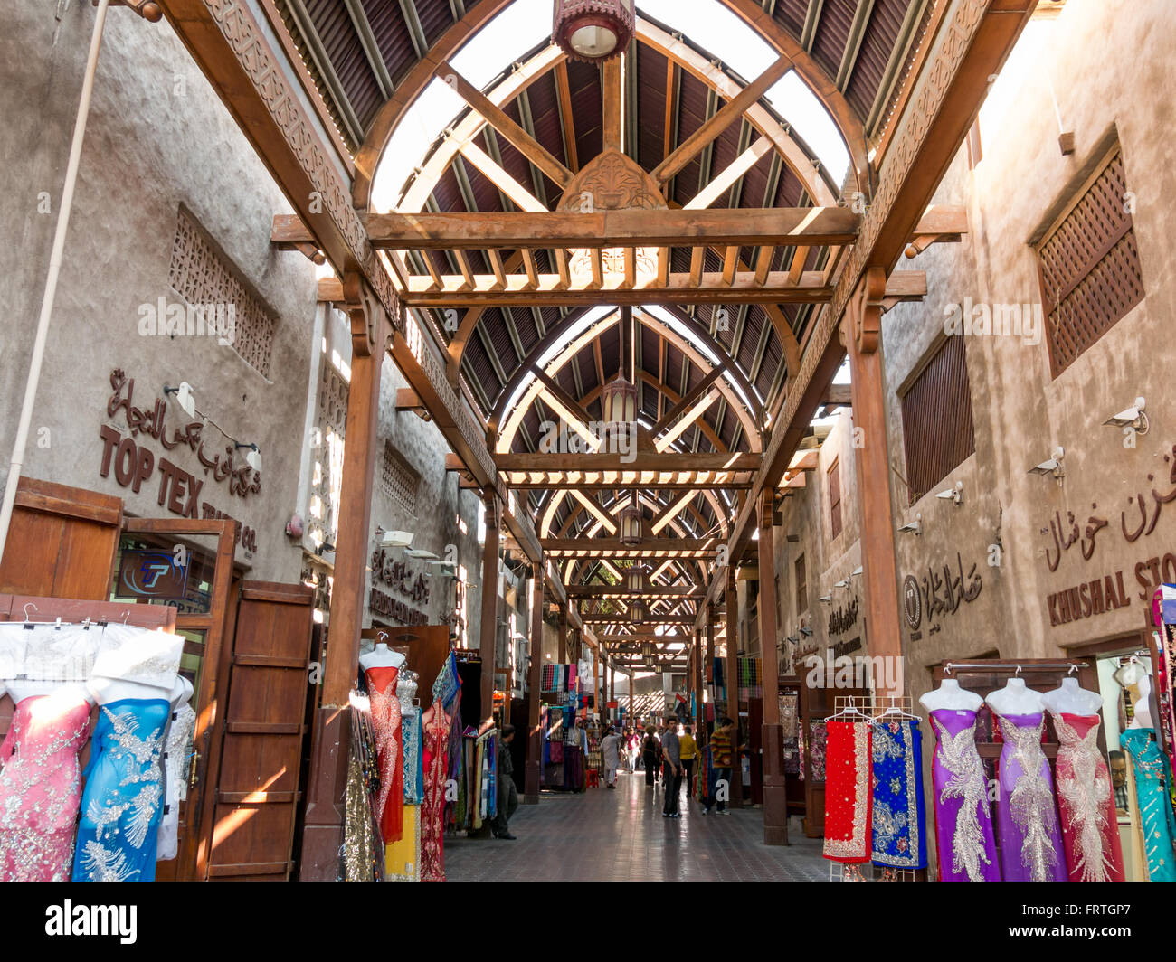 Shops in the ancient covered textile souq Bur Dubai in the old city