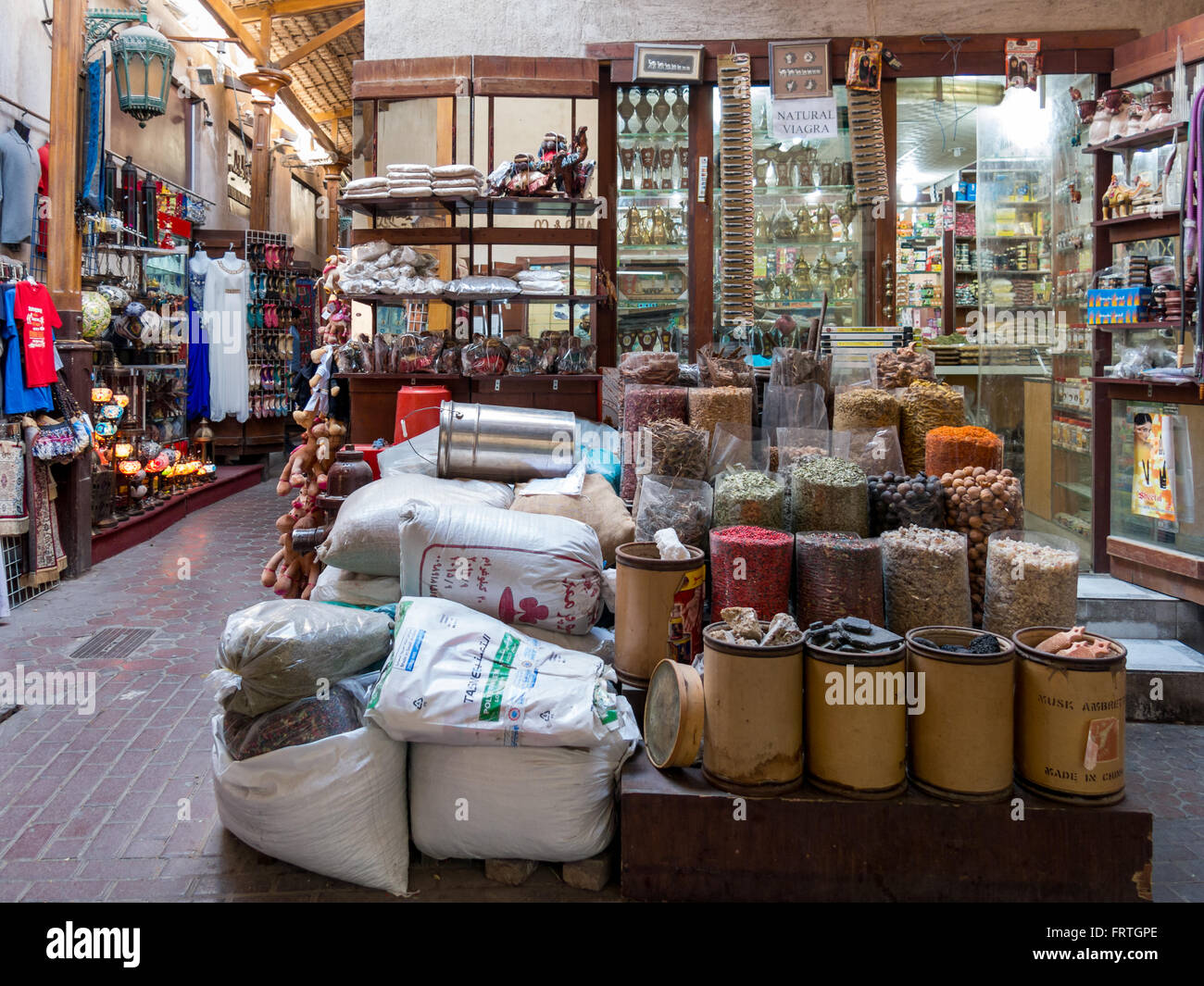 Shops in the spice souk in the Deira district of Dubai, United Arab Emirates Stock Photo