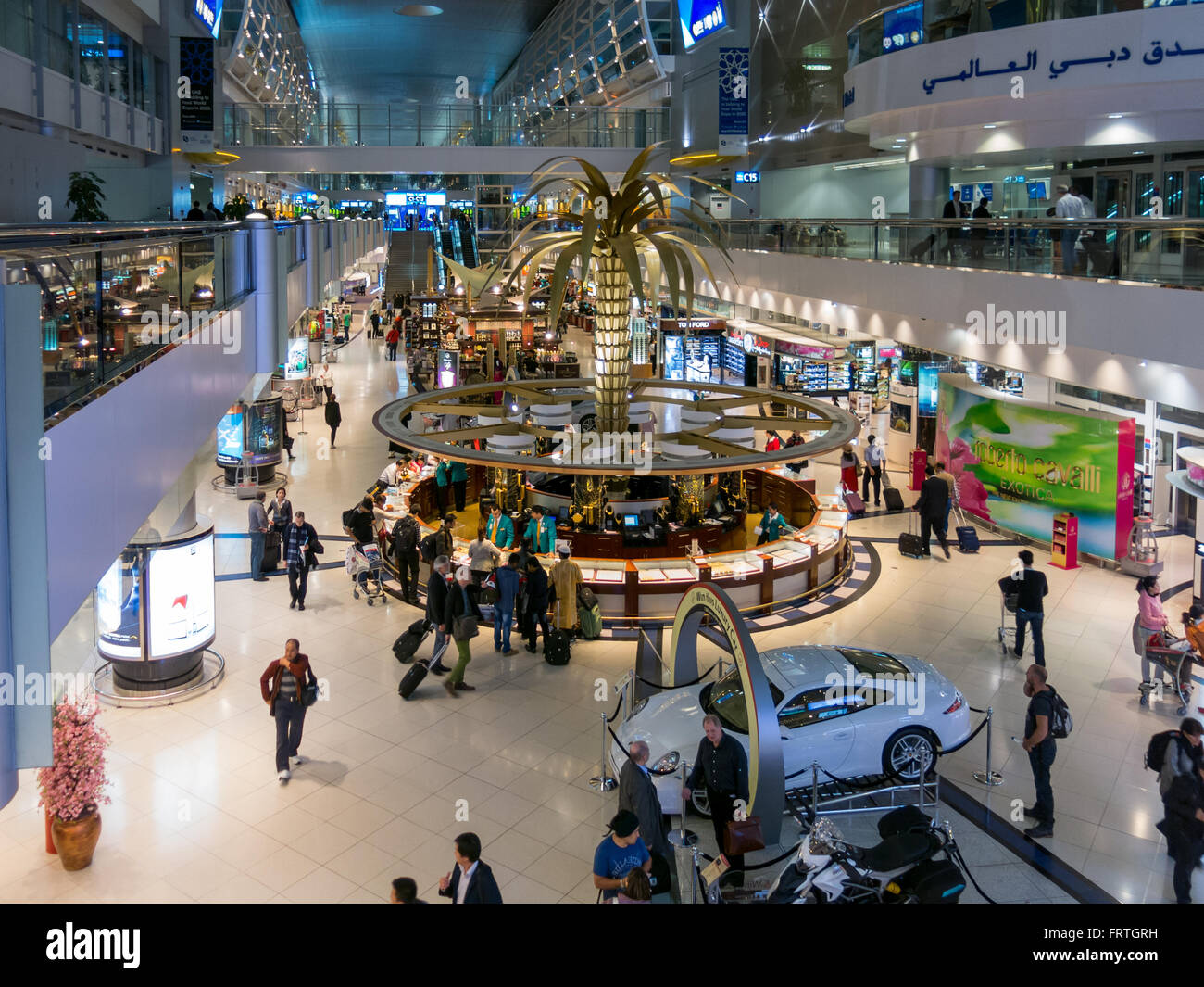 Shopping center in hall of terminal of Dubai International Airport, United Arab Emirates Stock Photo