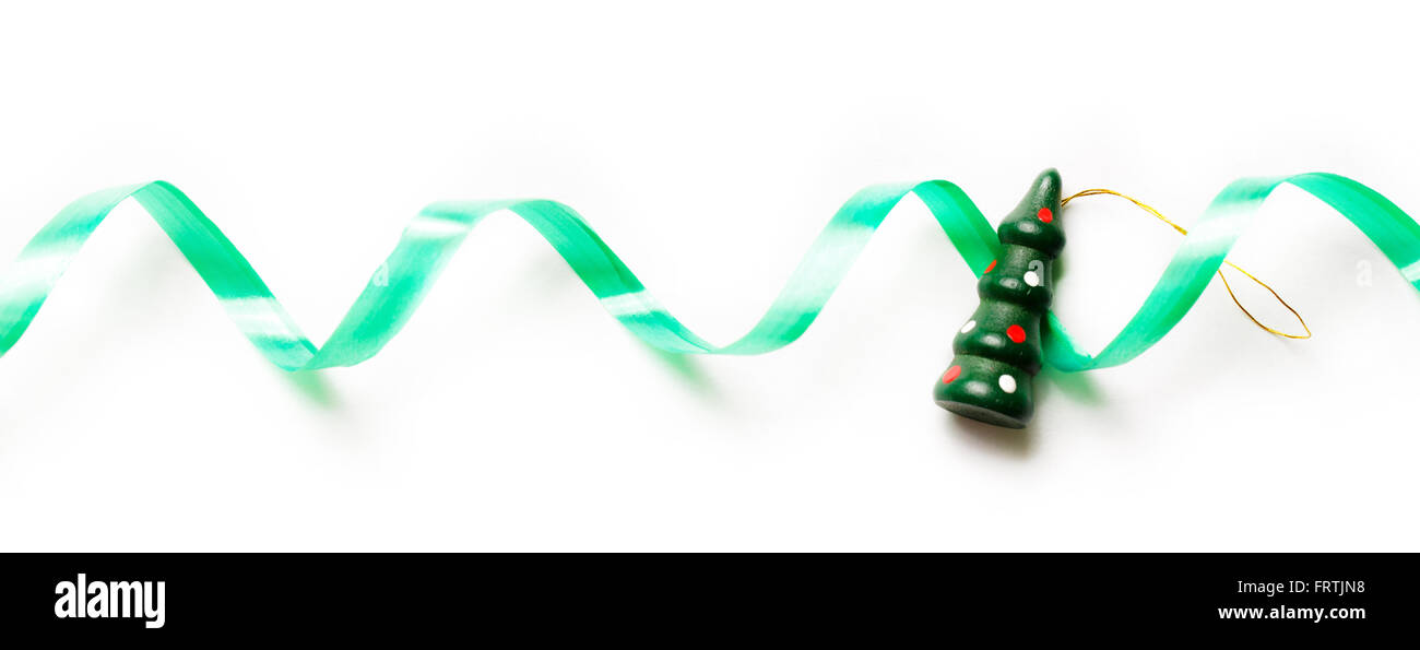 Xmas background with green ribbon and decoration Stock Photo