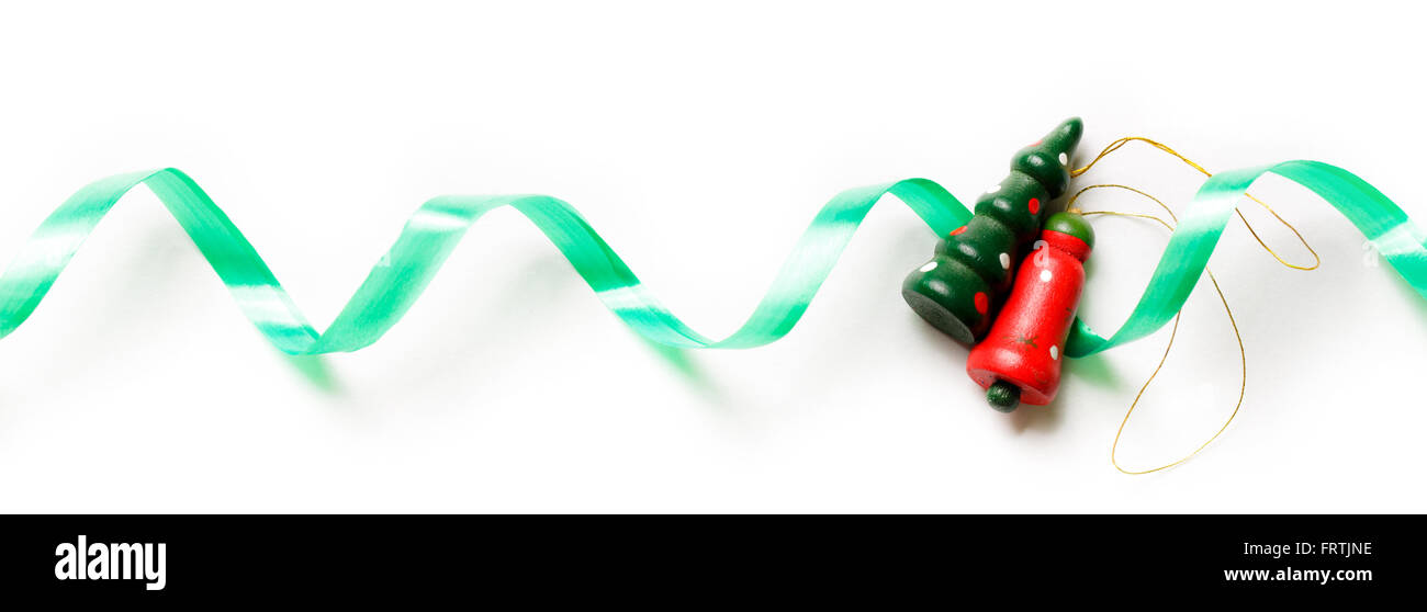 Xmas background with green ribbon and decoration Stock Photo - Alamy