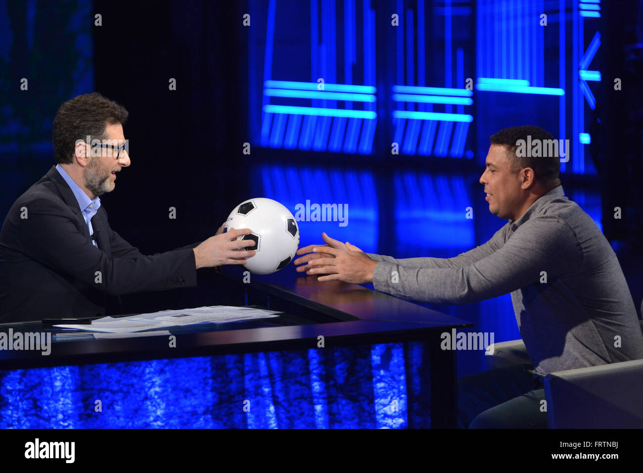 Former Brazil and Real Madrid striker Ronaldo appears as a guest on Italian talk show 'Che tempo che fa'  Featuring: Fabio Fazio, Ronaldo, Ronaldo Luís Nazário de Lima Where: Milan, Italy When: 20 Feb 2016 Credit: IPA/WENN.com  **Only available for public Stock Photo