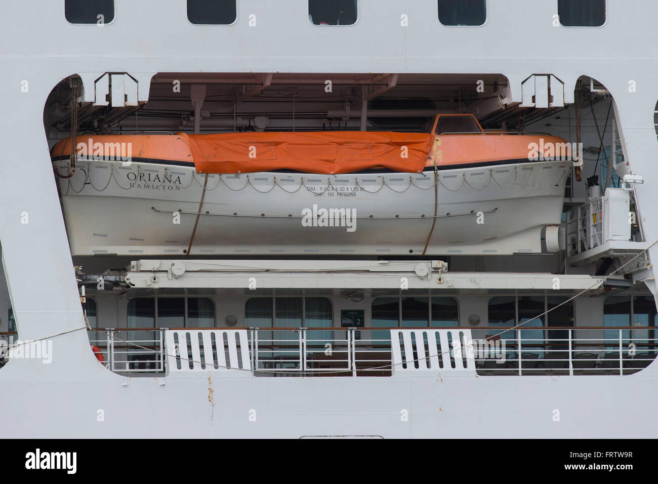 A lifeboat on board P&O's Oriana cruise ship. Stock Photo