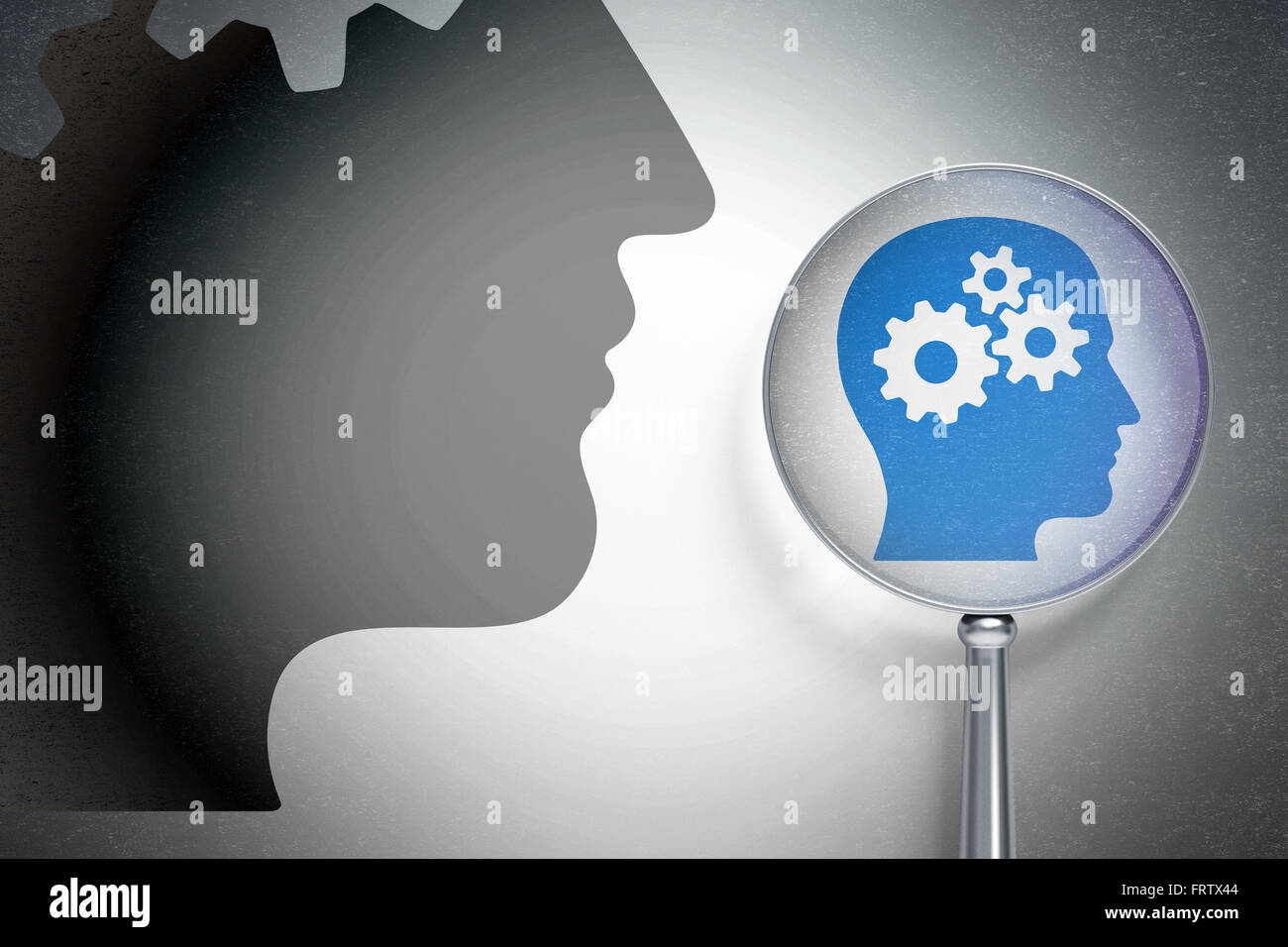 Information concept: Head With Gears with optical glass on digital ...
