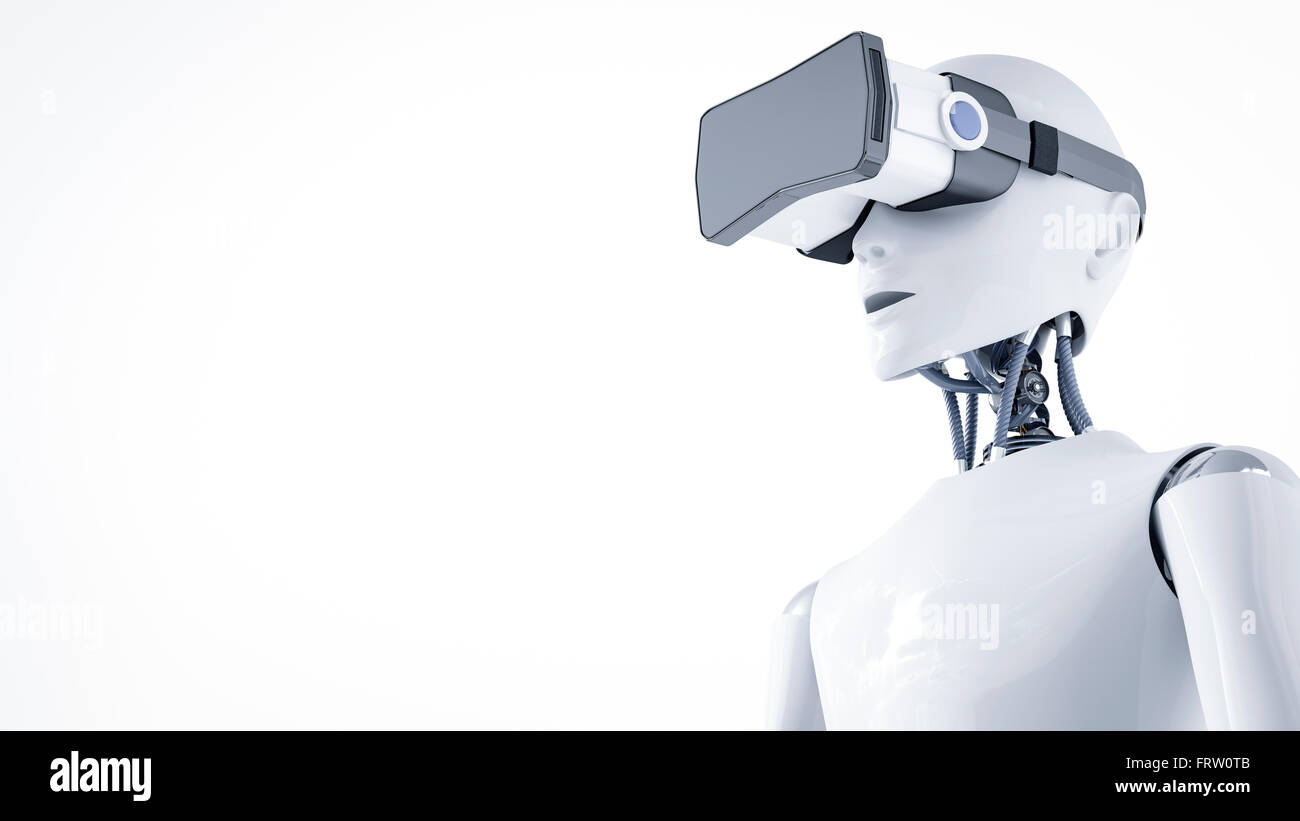 3D Rendering, Roboter with virtual reality glasses Stock Photo