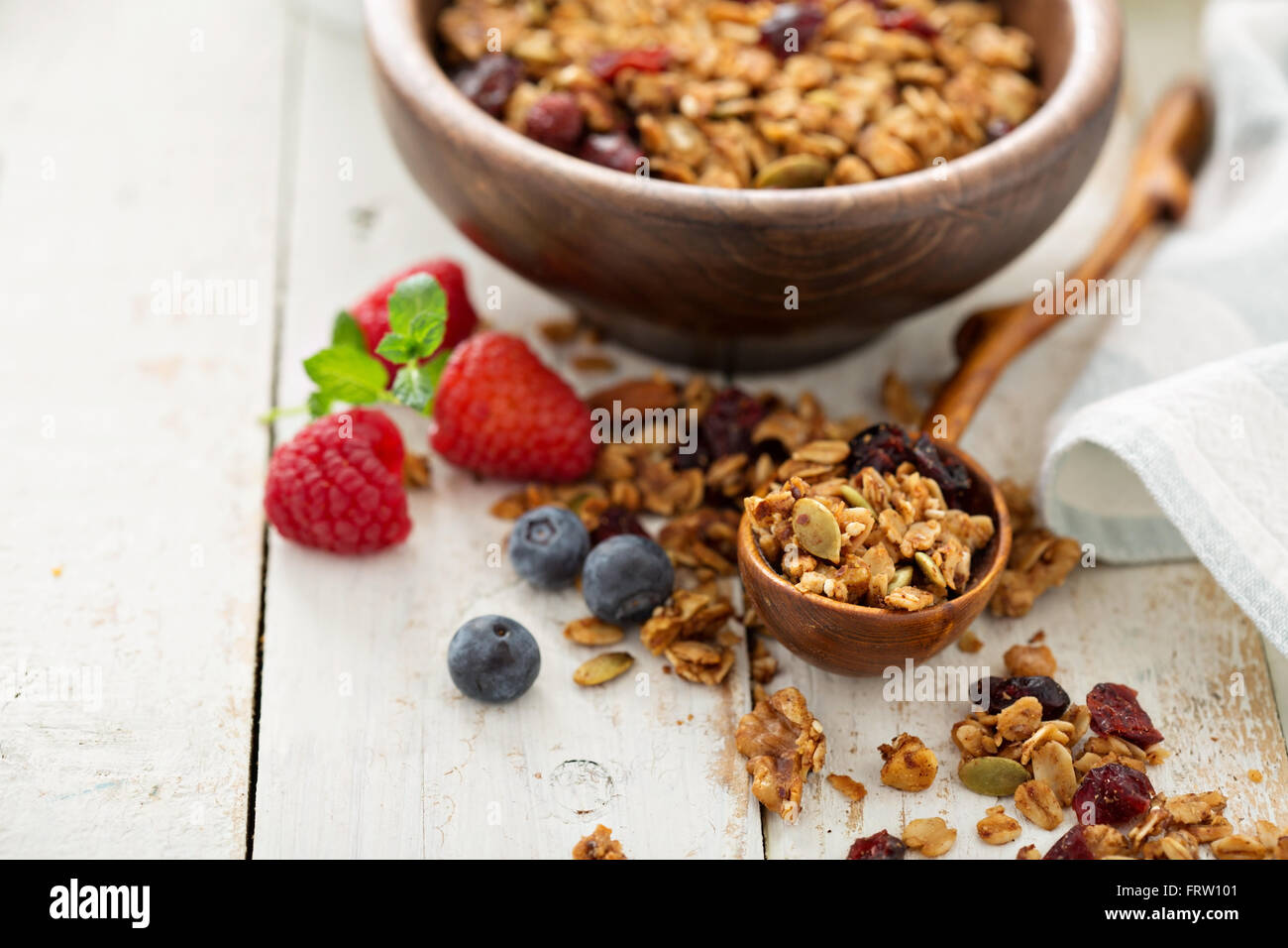 Homemade granola with milk for breakfast Stock Photo