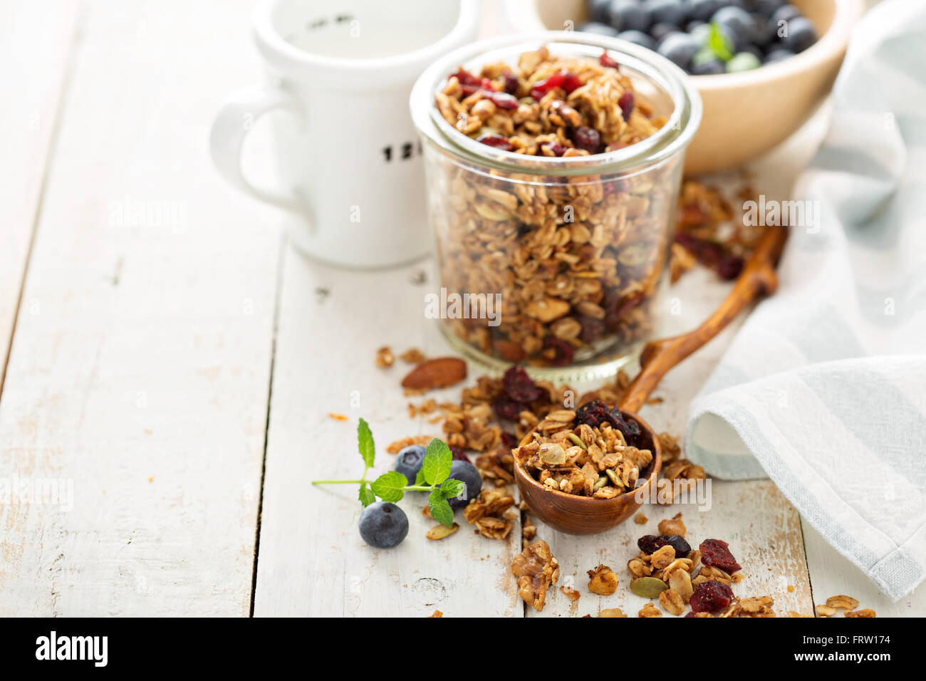 Homemade granola with milk for breakfast Stock Photo Alamy