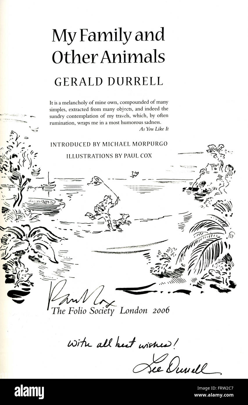 Title page of  book by Gerald Durrell  My Family & Other Animals the Folio Society London 2006 edition signed by Lee Durrell Stock Photo