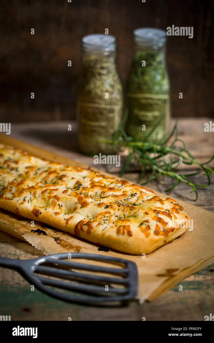Focaccia with garlic, rosemary and thyme Stock Photo Alamy