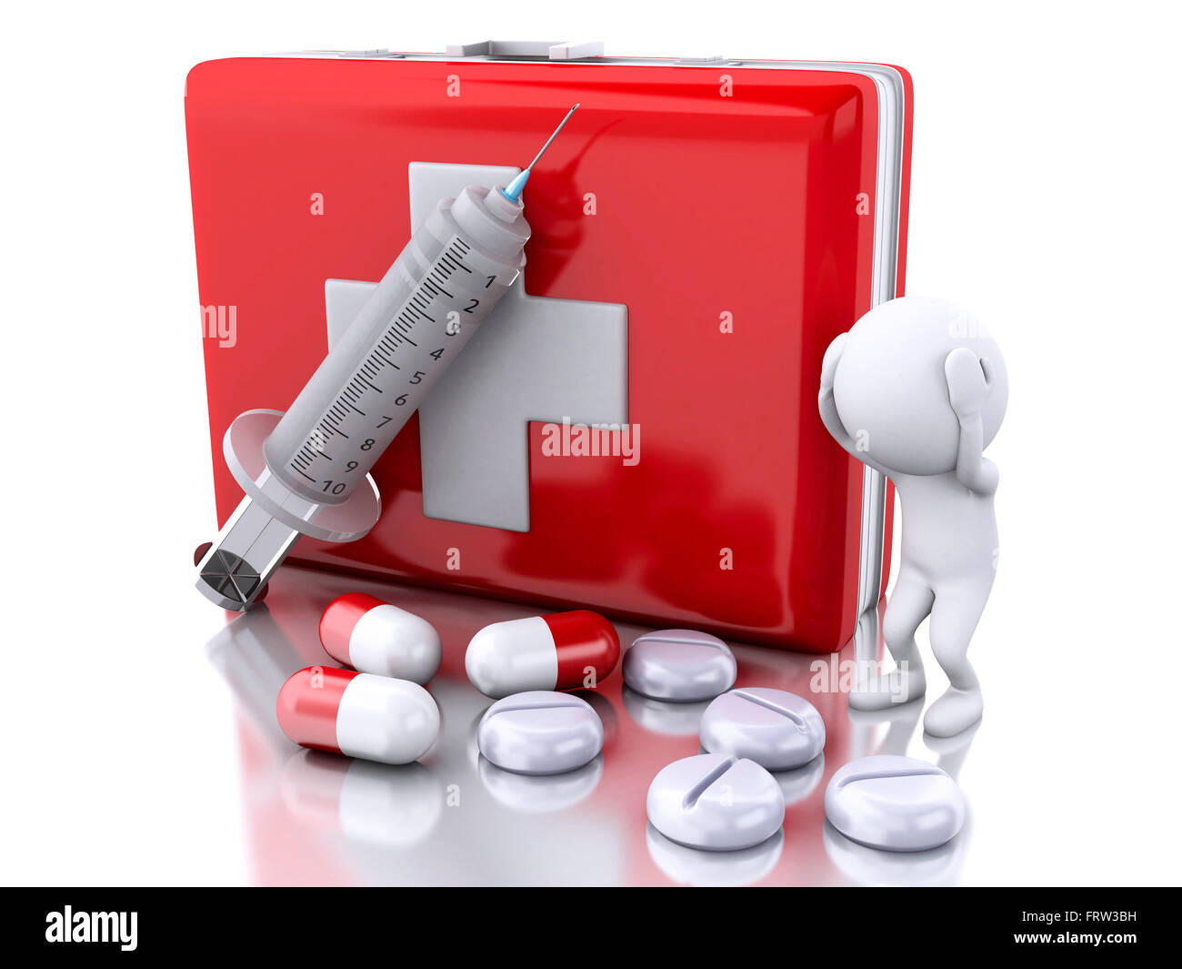 3D Illustration. White people with a syringe, first aid kit and pills. Medicine concept