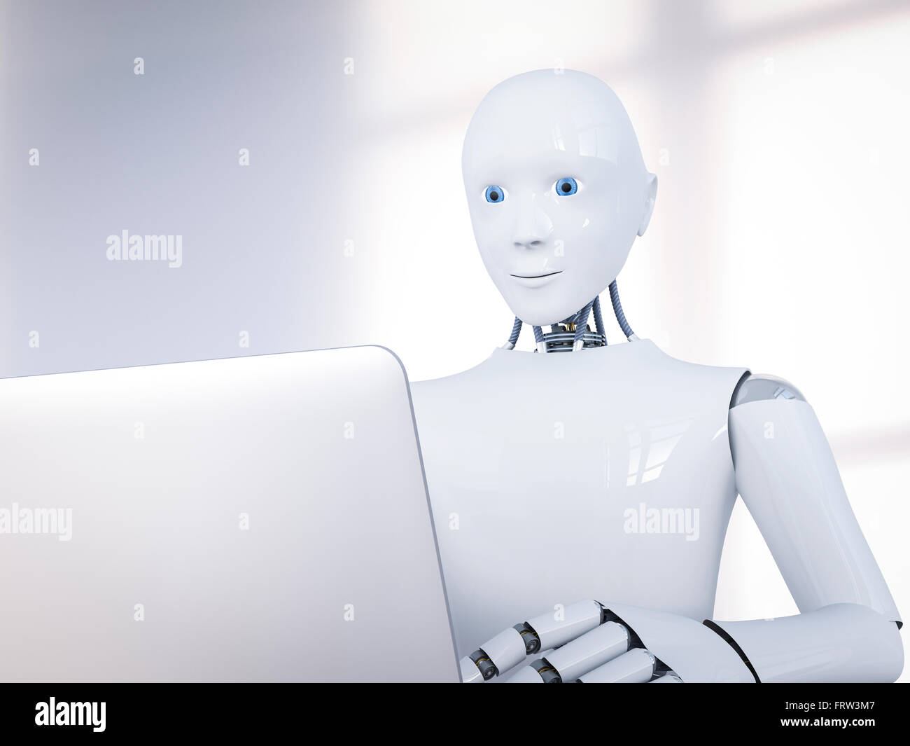 3D Rendering, Robot and laptop Stock Photo