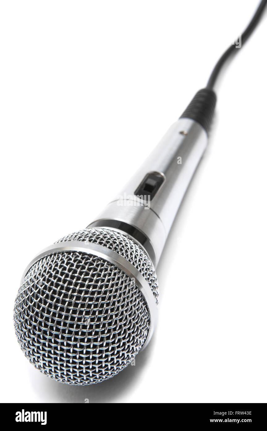 New and metal microphone on a white background Stock Photo