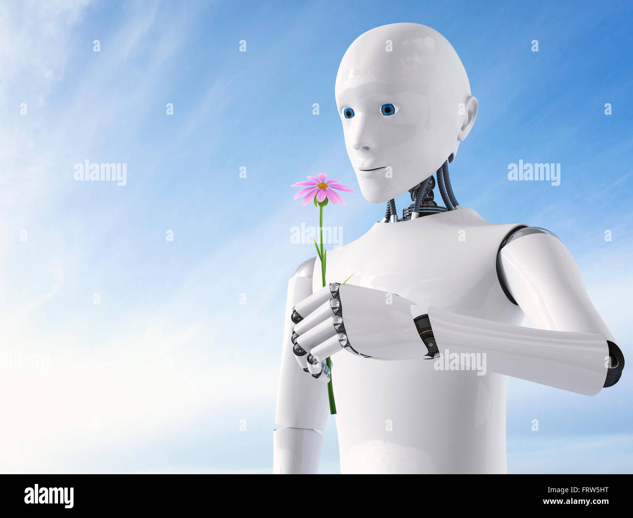 3D Rendering, Roboter holding flower Stock Photo