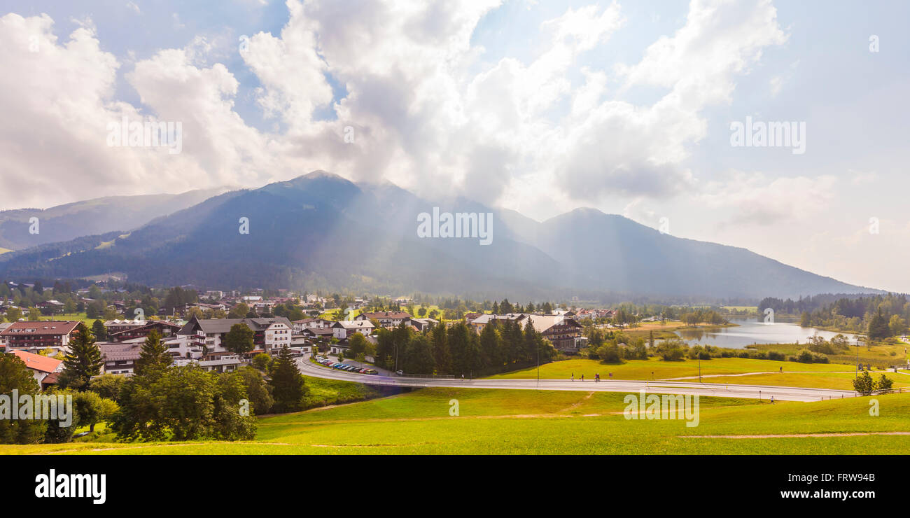 Austria, Tyrol, Seefeld in Tirol, townscape and Lake Seefelder See Stock Photo