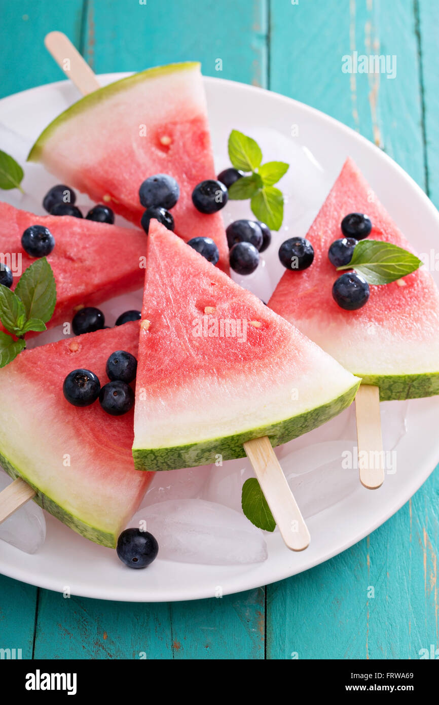 Watermelon Blue Raspberry Popsicle Watermelon popsicles with blueberry Stock Photo - Alamy